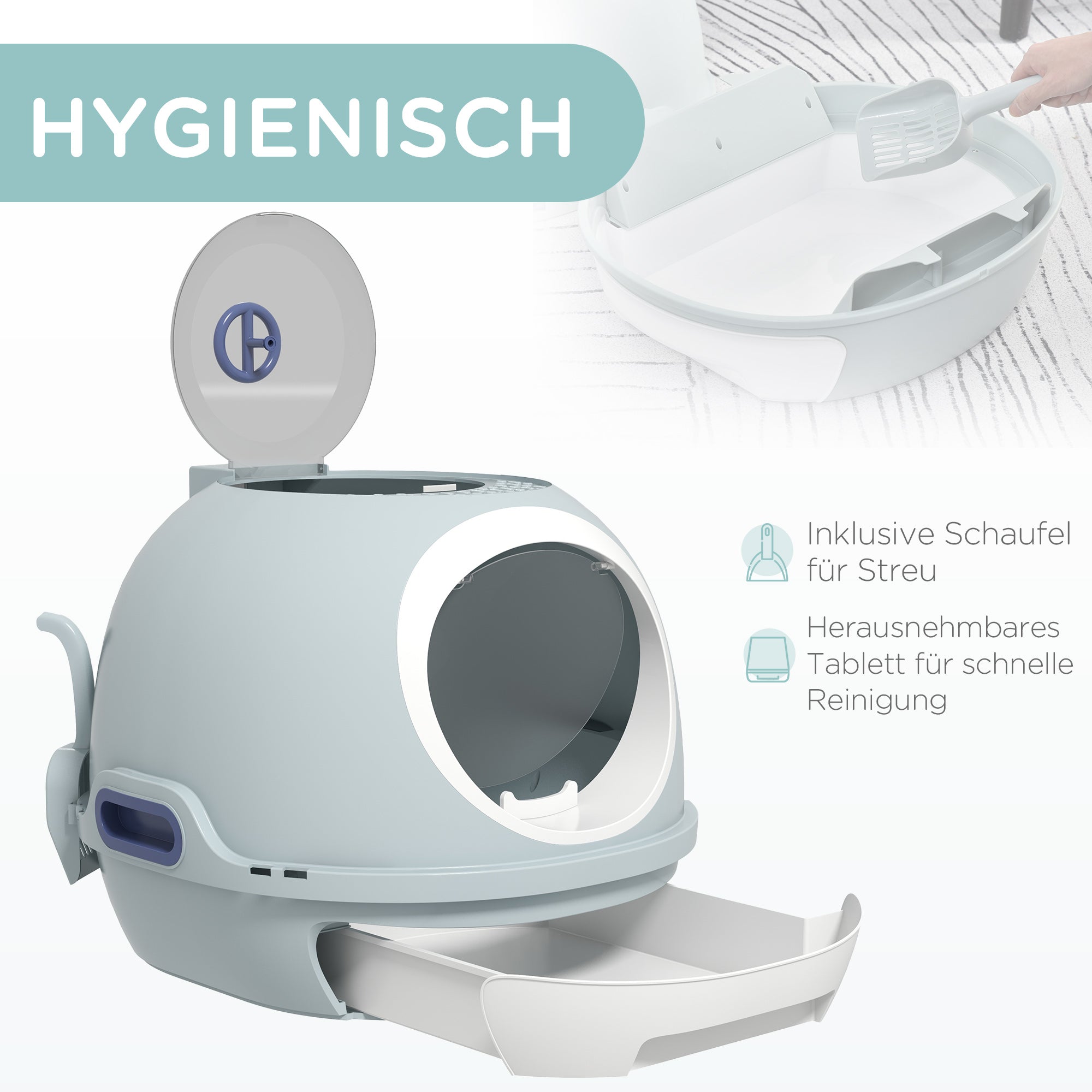 PawHut Katzentoilette mit Dachfenster, Katzenklo mit Bodenschale, mit Schaufel, Tragbar, PP ABS, See-Blau, 47 x 55 x 44 cm