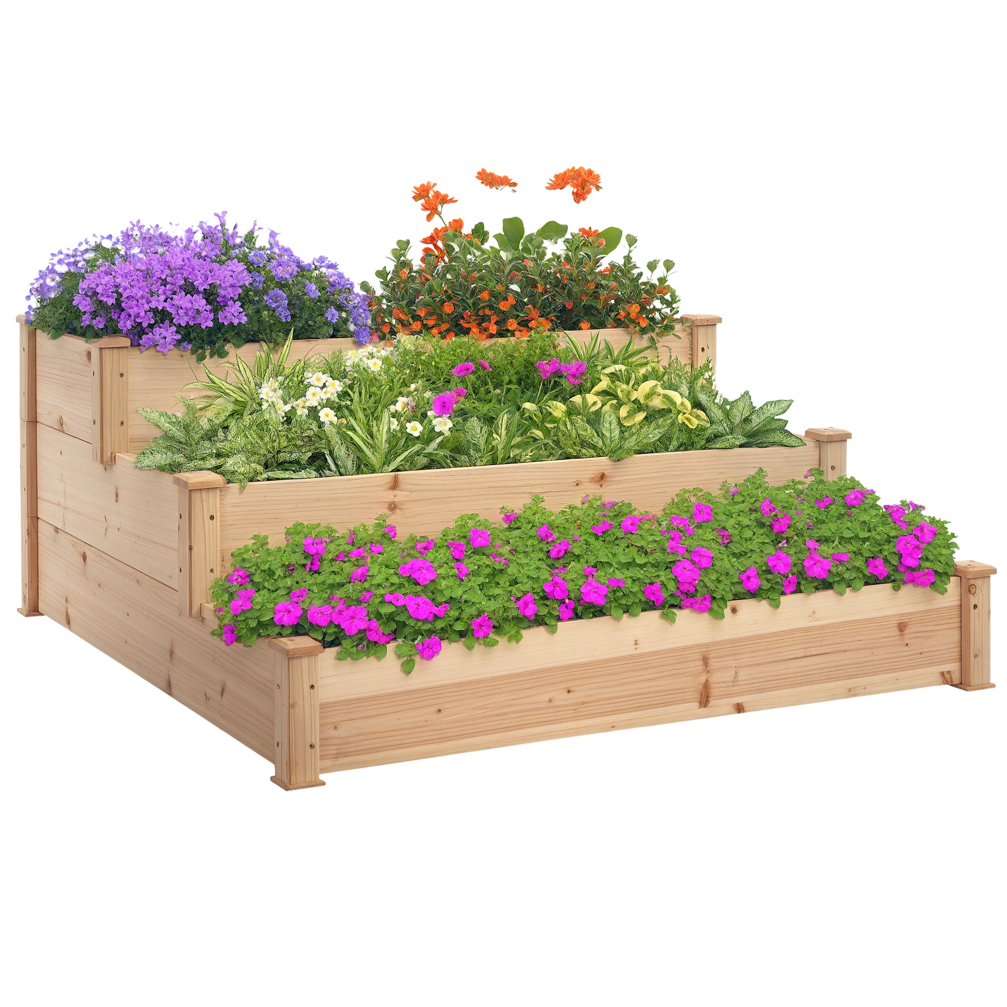 Outsunny Hochbeet 3-stufige Gartenbeet Pflanzenbeet  Kräuterbeet Blumentreppe für Balkon Garten Natur Tannenholz 120 x 120 x 56 cm