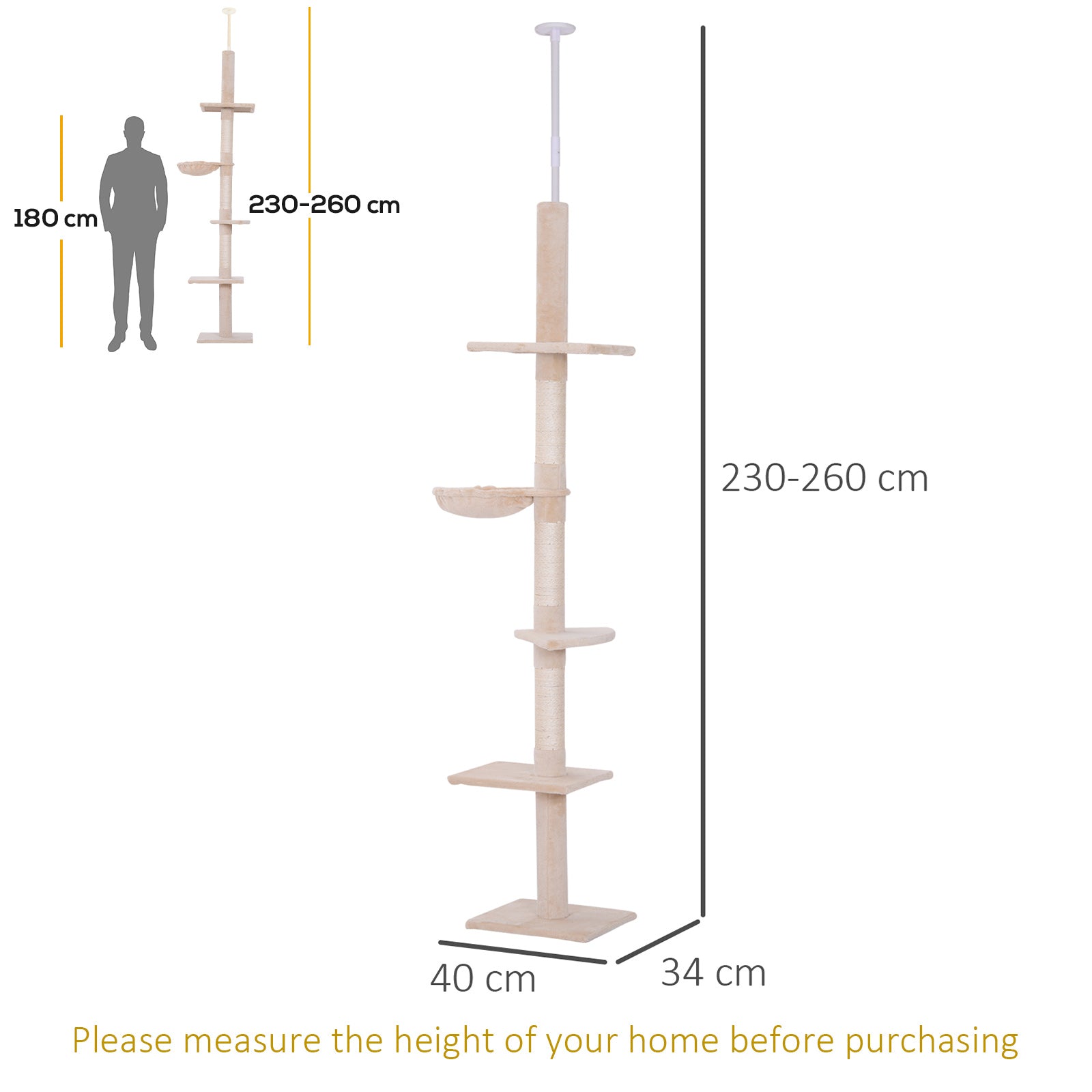 PawHut Kratzbaum Deckenhoch höhenverstellbar, stabiler Katzenbaum mit Sisalsäulen, Katzen Kletterbaum, Beige, 40 x 34 x 230-260 cm