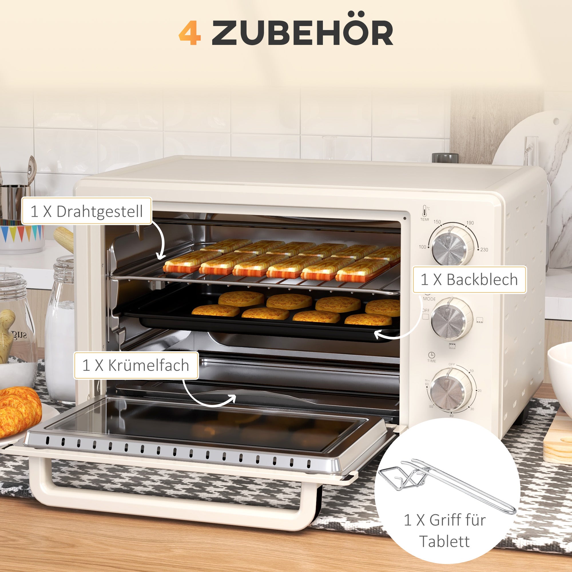 HOMCOM Minibackofen, Backofen kleine 21 L Toasterofen mit 1 Drahtgestell und 1 Backblech, 3 Kochmodi, 100 °C-230 °C, Edelstahl, Glas, Cremeweiß