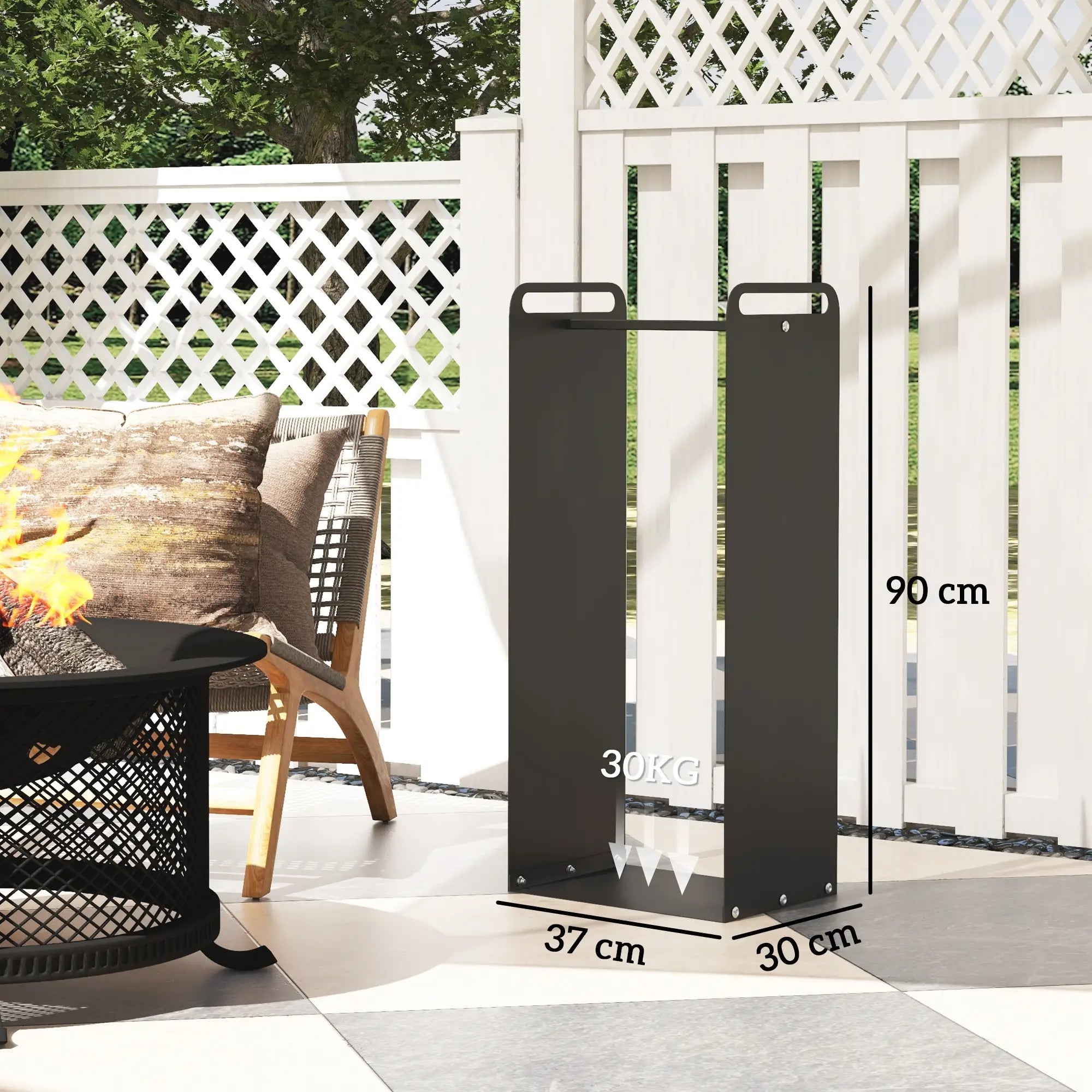 Outsunny Feuerholzgestell, 2 Tragegriffe, Stahlrahmen, bis 30kg, 37x30x90cm, Schwarz