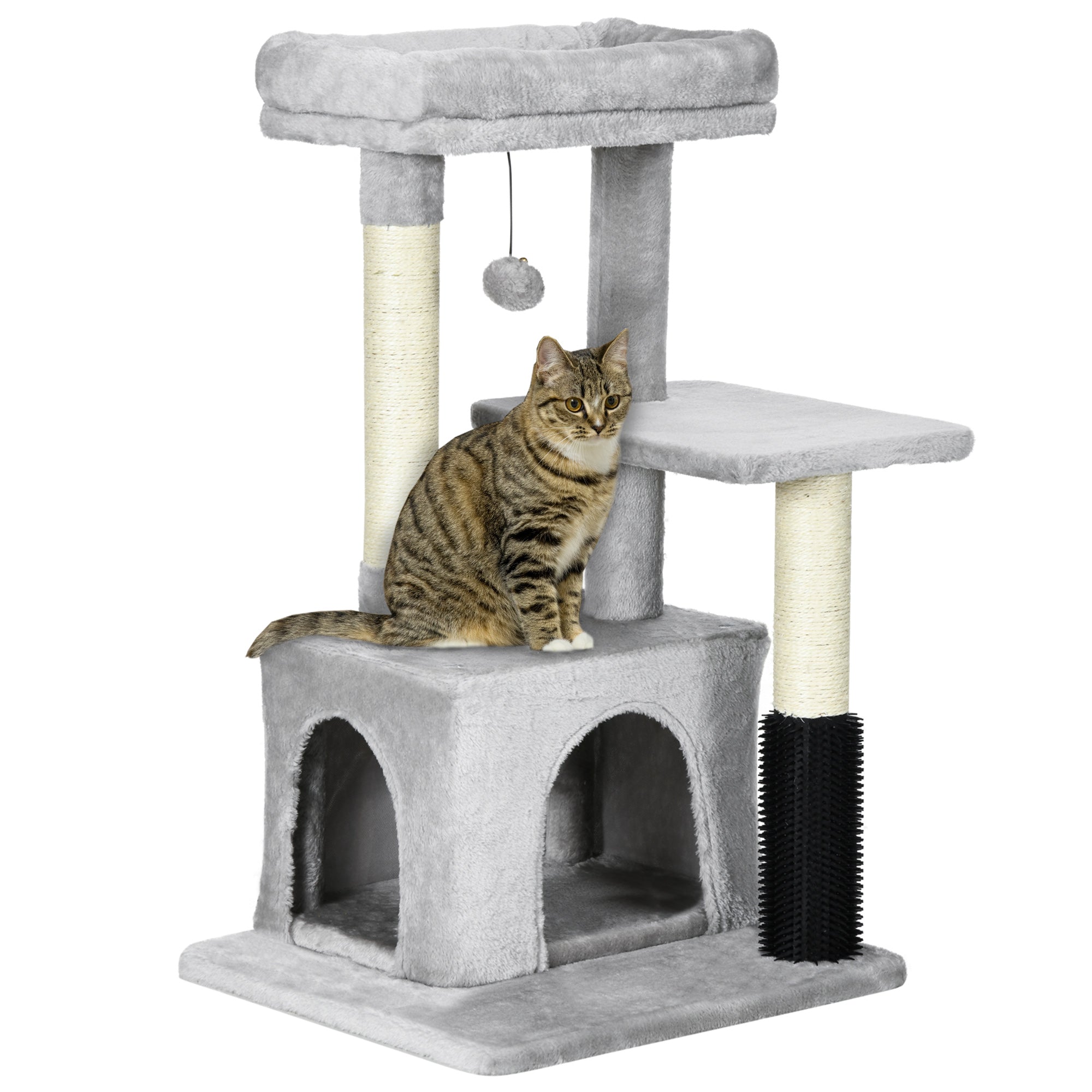 PawHut Kratzbaum Katzenbaum mit Massageecke Katzenhöhle Spielball Katzenkratzbaum Sisalseil-Kratzstangen Hellgrau 48 x 48 x 85 cm