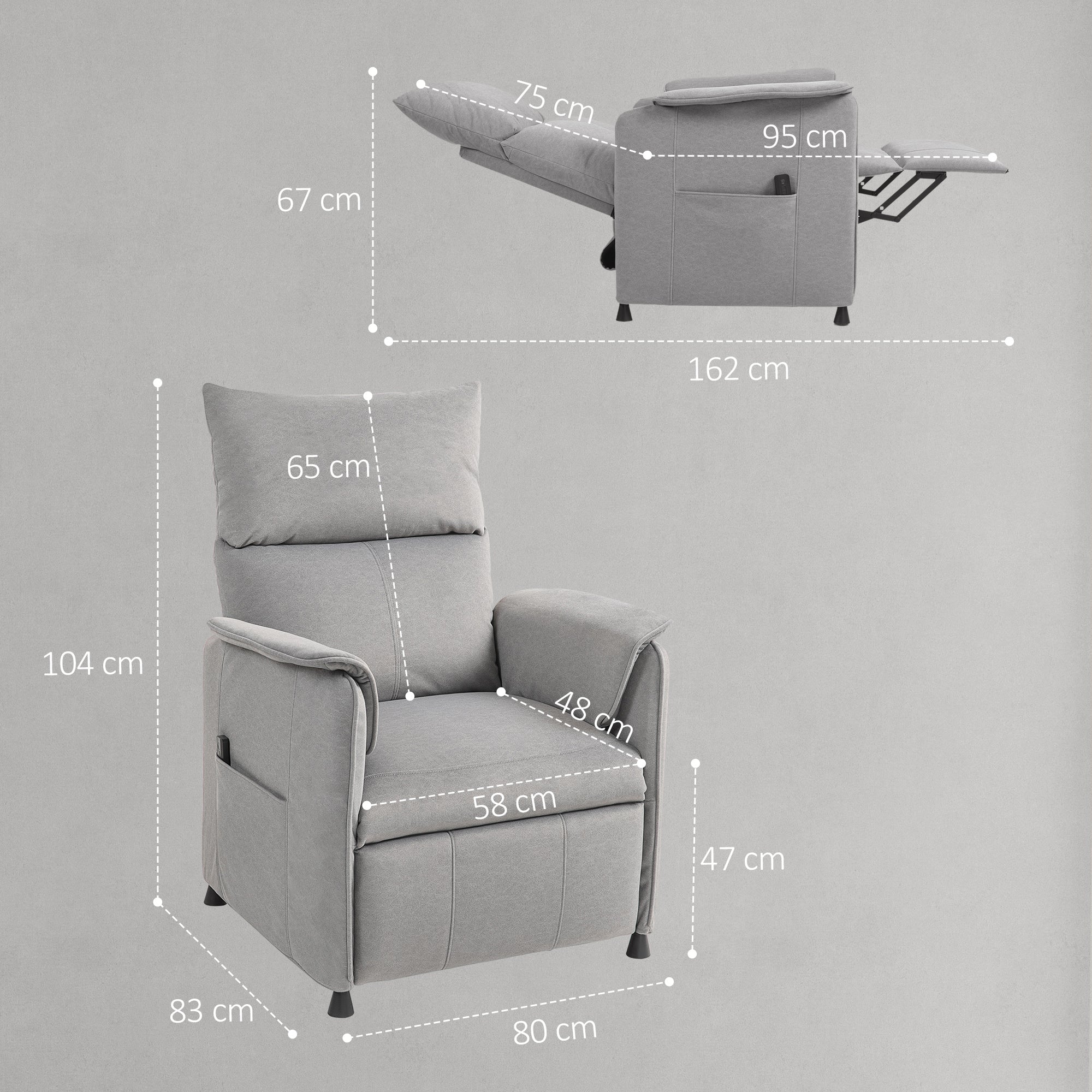 HOMCOM Relaxsessel mit leisem Motor, Polstersessel mit robusten Stoffbezug, Memory-Funktion, anpassbare Fußstütze, Grau