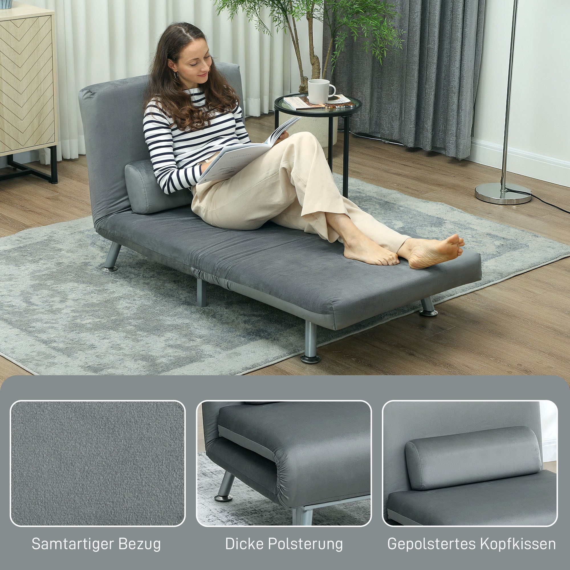 HOMCOM Klappsessel mit Bettfunktion, klappbarer Relaxsessel in Samtoptik, Verstellbare Rückenlehne, 75 x 70 x 75 cm, Grau