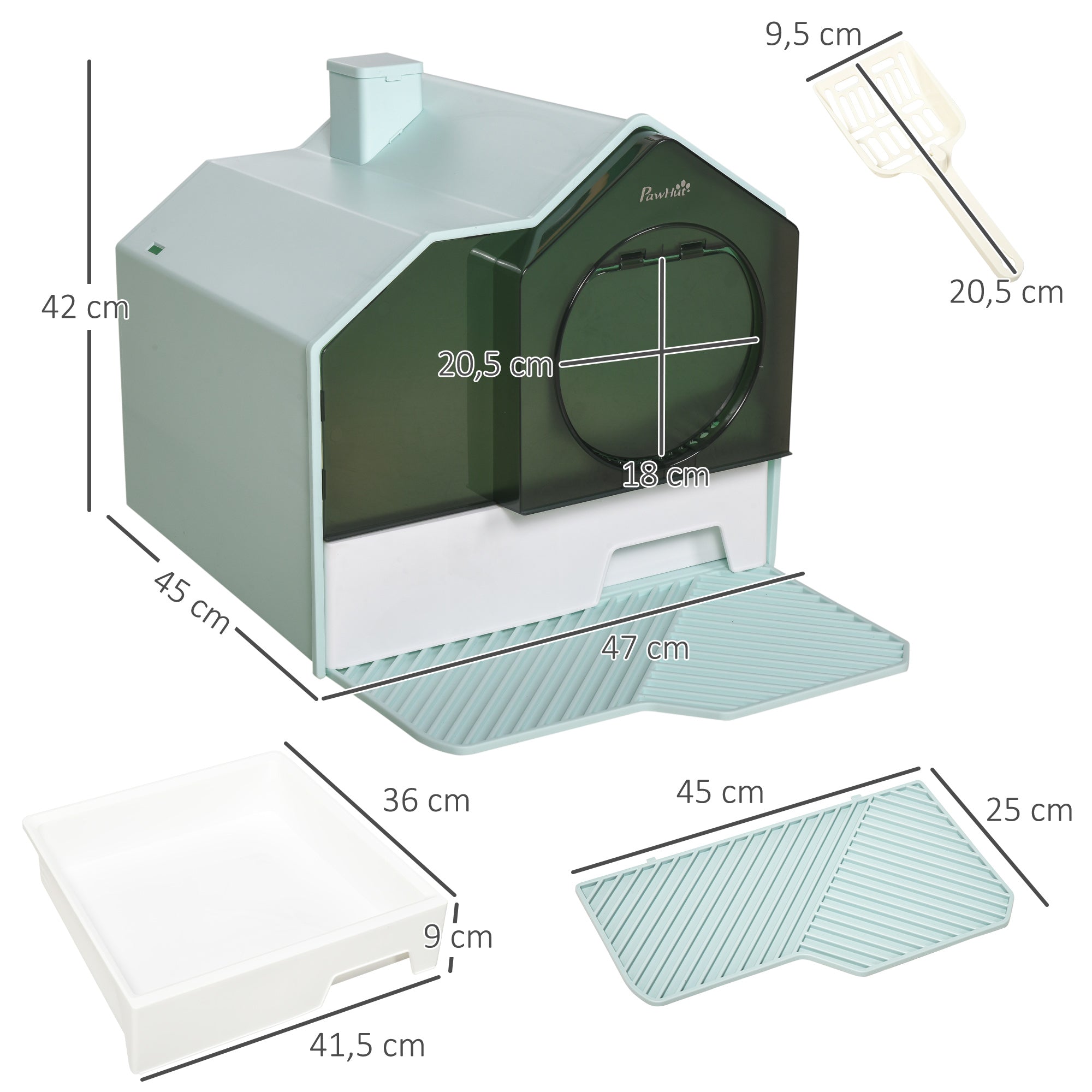 PawHut Katzentoilette Katzenklo, Hütten-Design, 1 Siebvorleger, 1 Streuschaufel, herausnehmbare Bodenwanne, Grün + Weiß