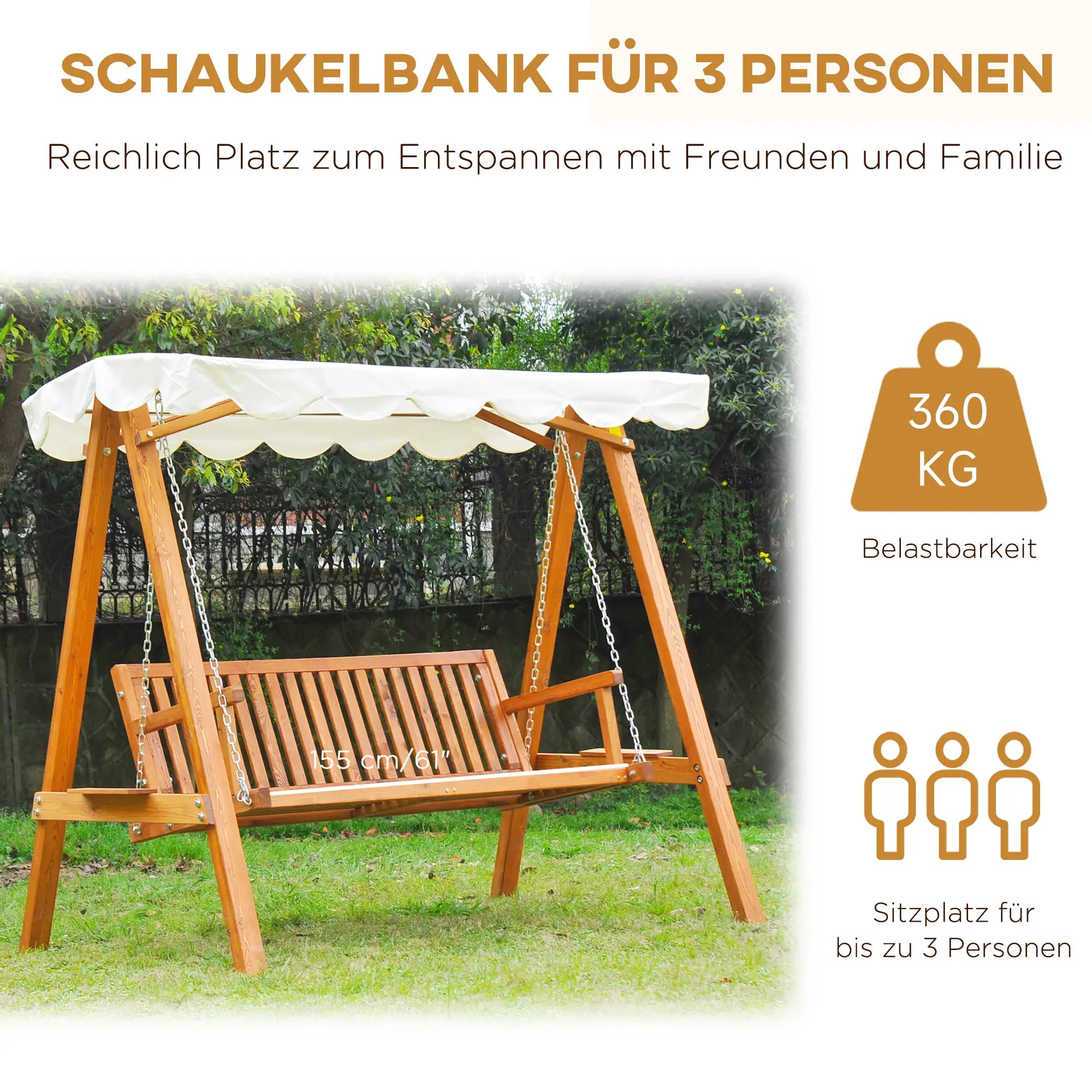 Outsunny Hollywoodschaukel Gartenschaukel 3-Sitzer mit Sonnendach Lärche