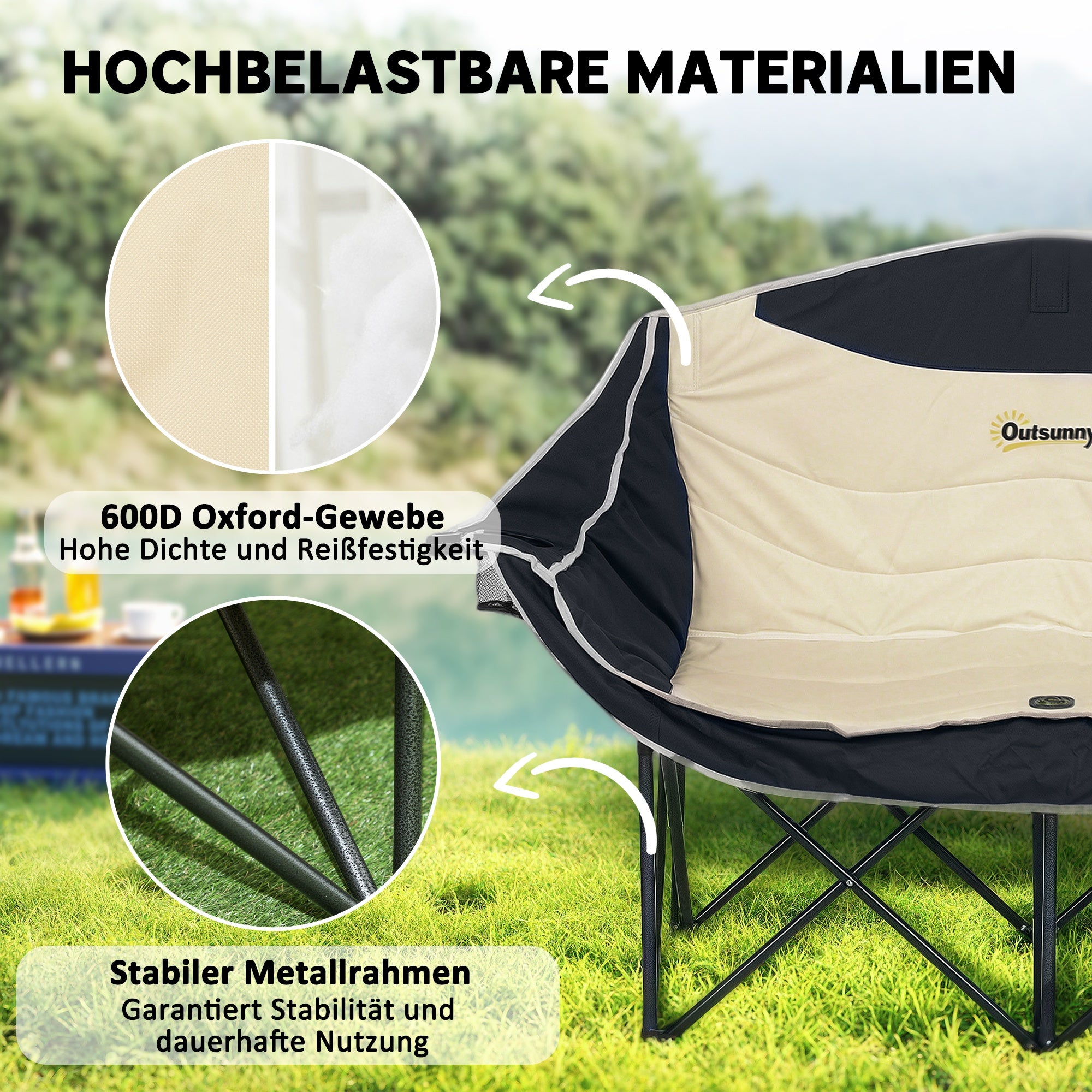 Outsunny Faltstuhl faltbar 2 Sitzer Campingstuhl mit Getränkehalter Tragetasche bis 250kg belastbar Khaki