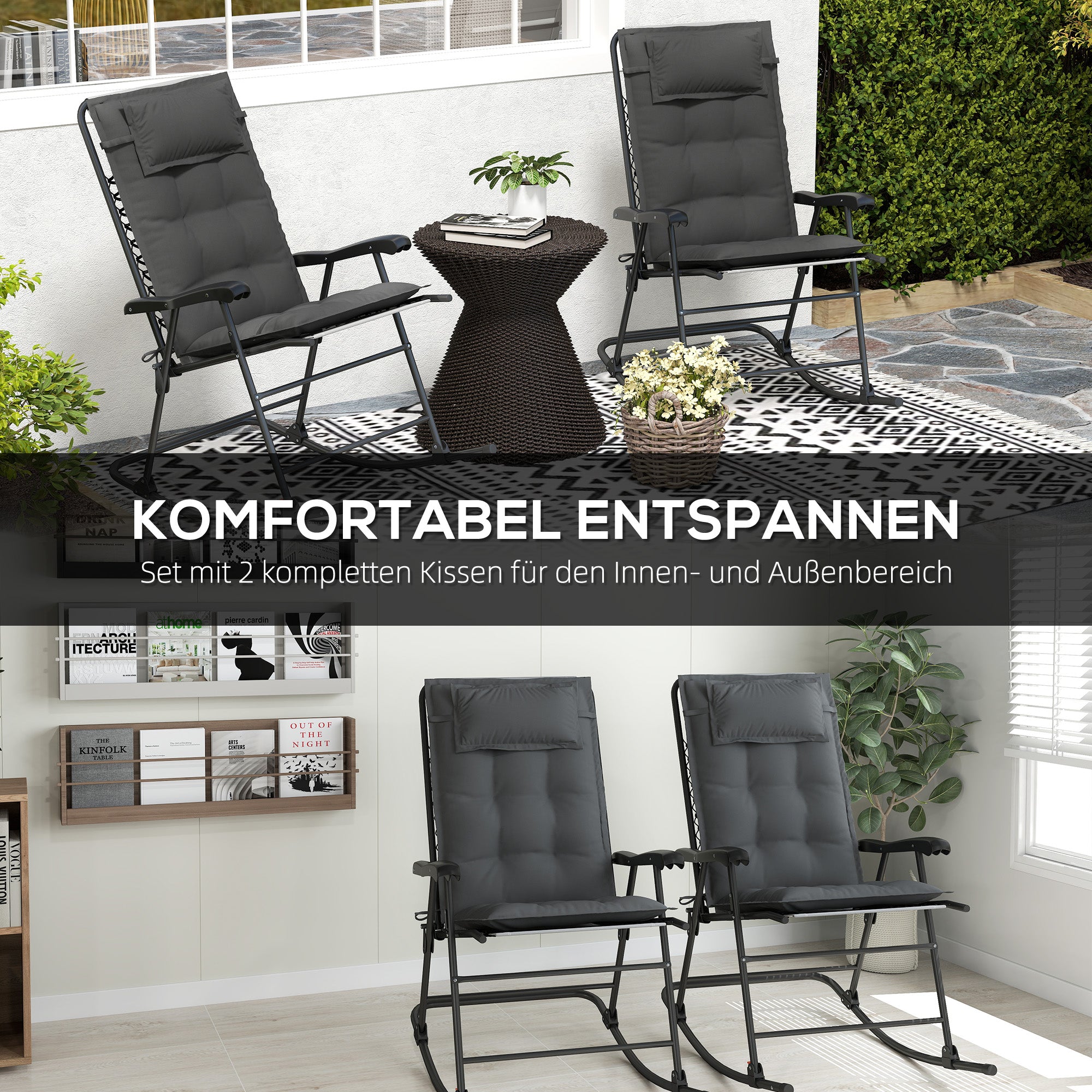 Outsunny 2er Set Auflage für Sonnenliege Wasserabweisend Liegenauflage für Gartenliege Polsterauflage 50x116x5 cm, Dunkelgrau