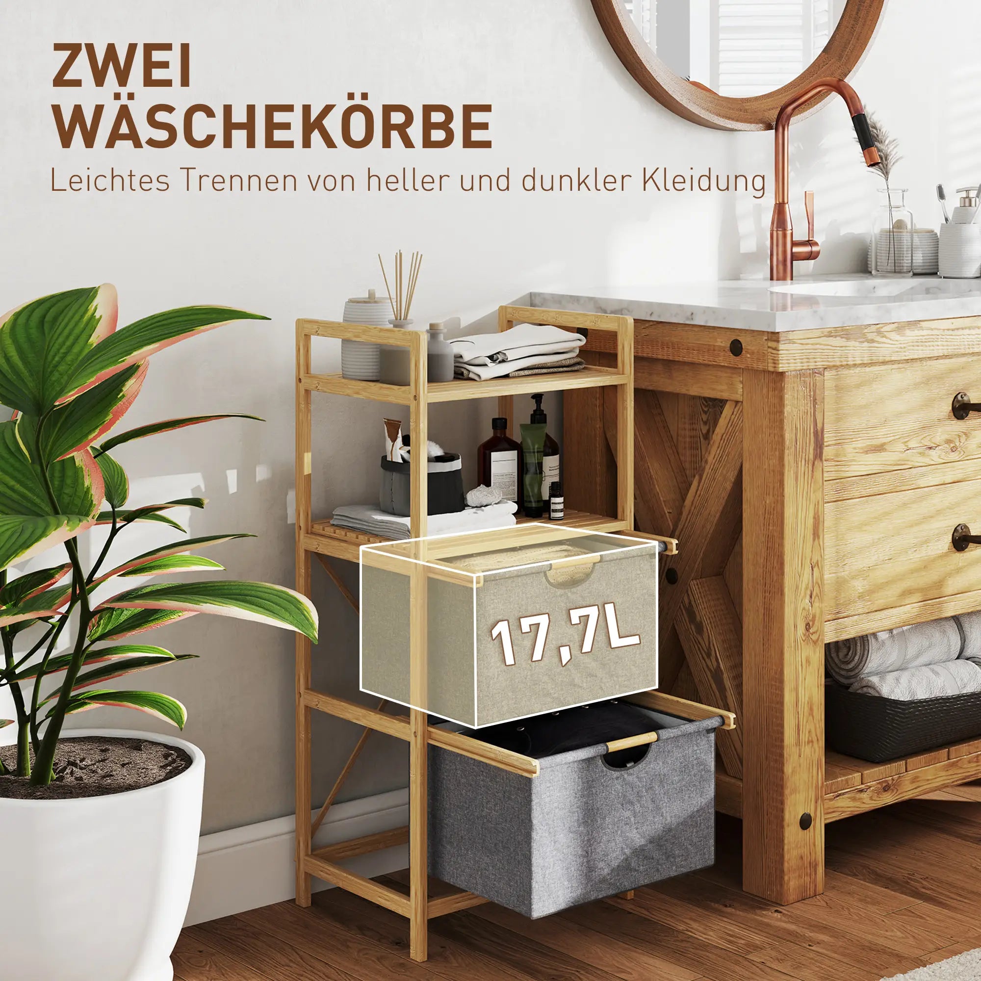 HOMCOM Badregal Wäschekorb 2 Fächer zweistufig Bambus Naturholz