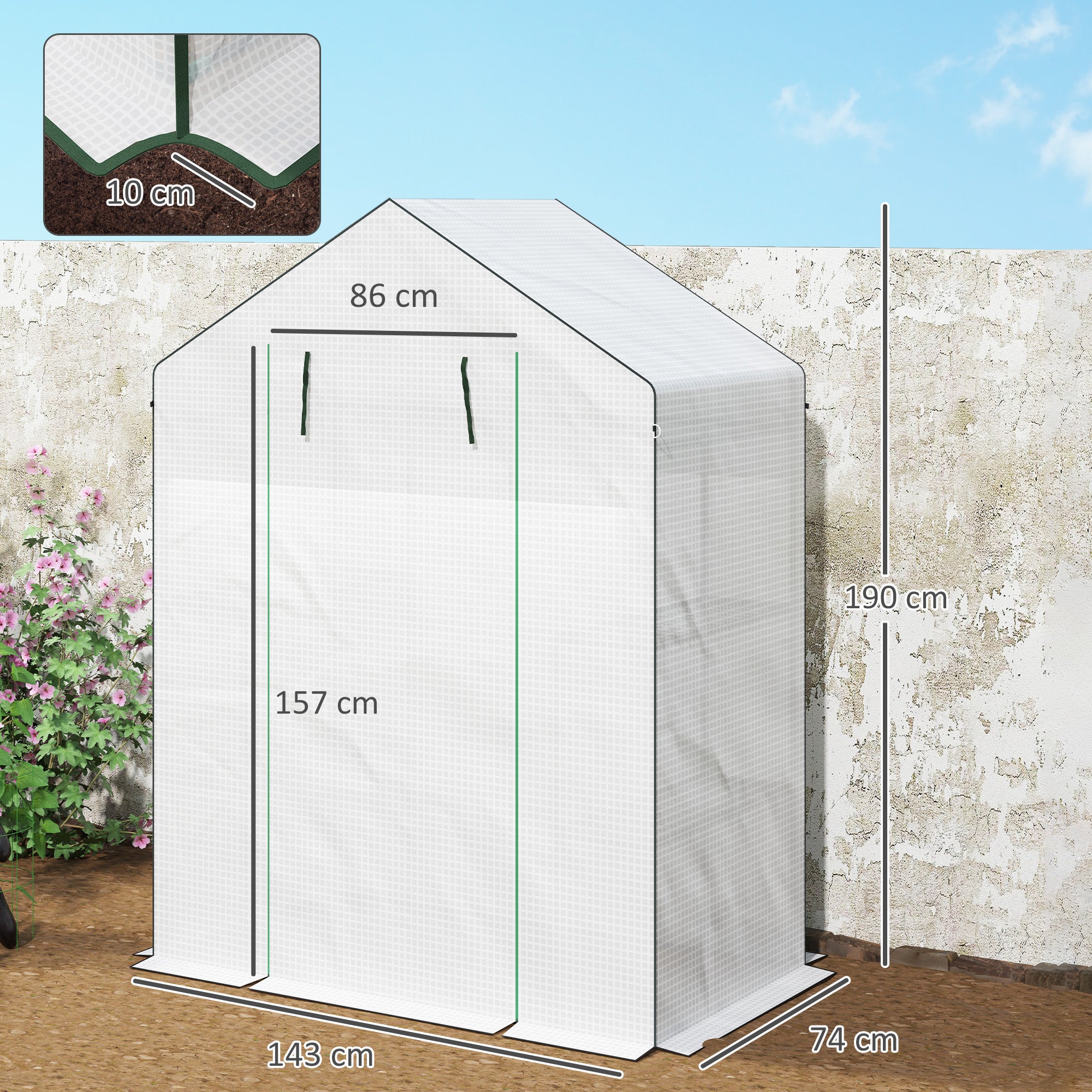 Outsunny Gewächshaus mit Regalen, Mini-Treibhaus, UV-beständig, Netzfenster, Reißverschlusstür, 143L x 74B x 190H cm, Weiß
