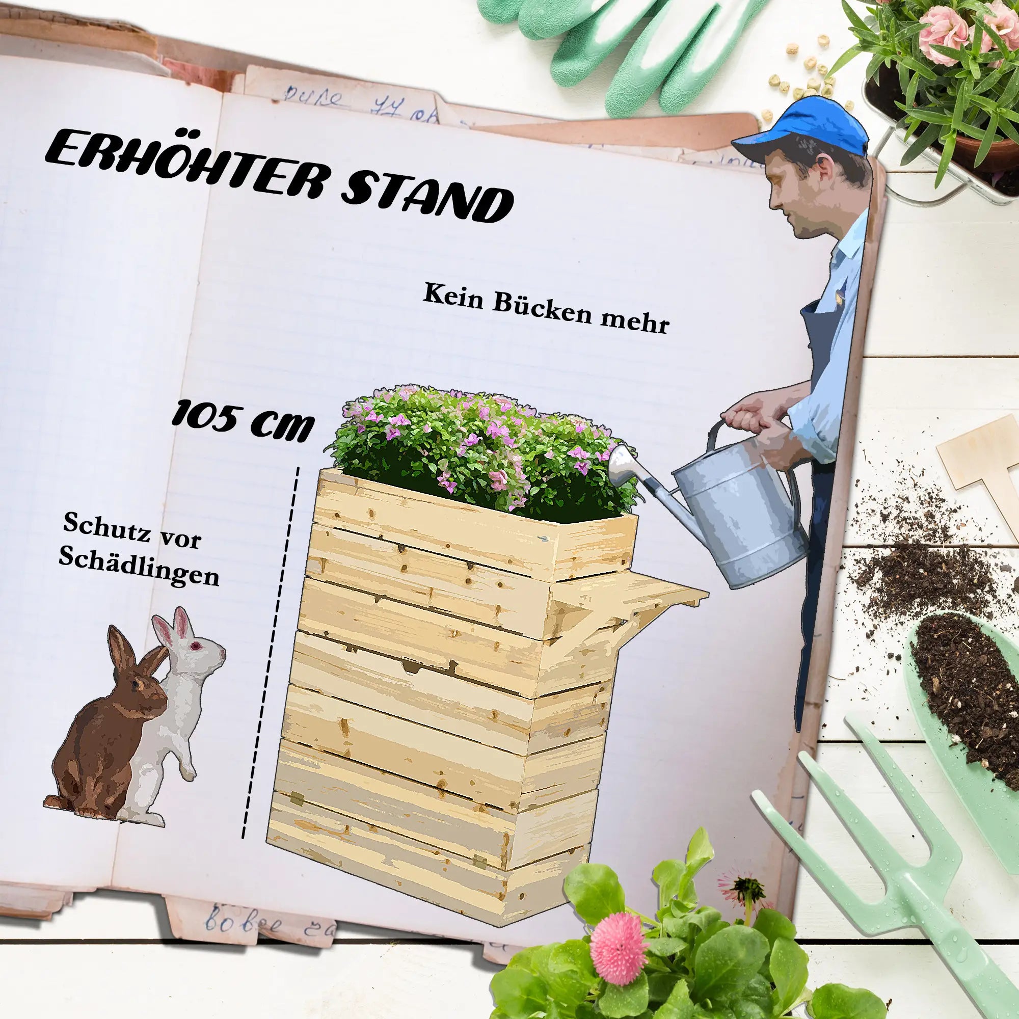 Outsunny Hochbeet Pflanzkasten mit Ablage erhöht Massivholz
