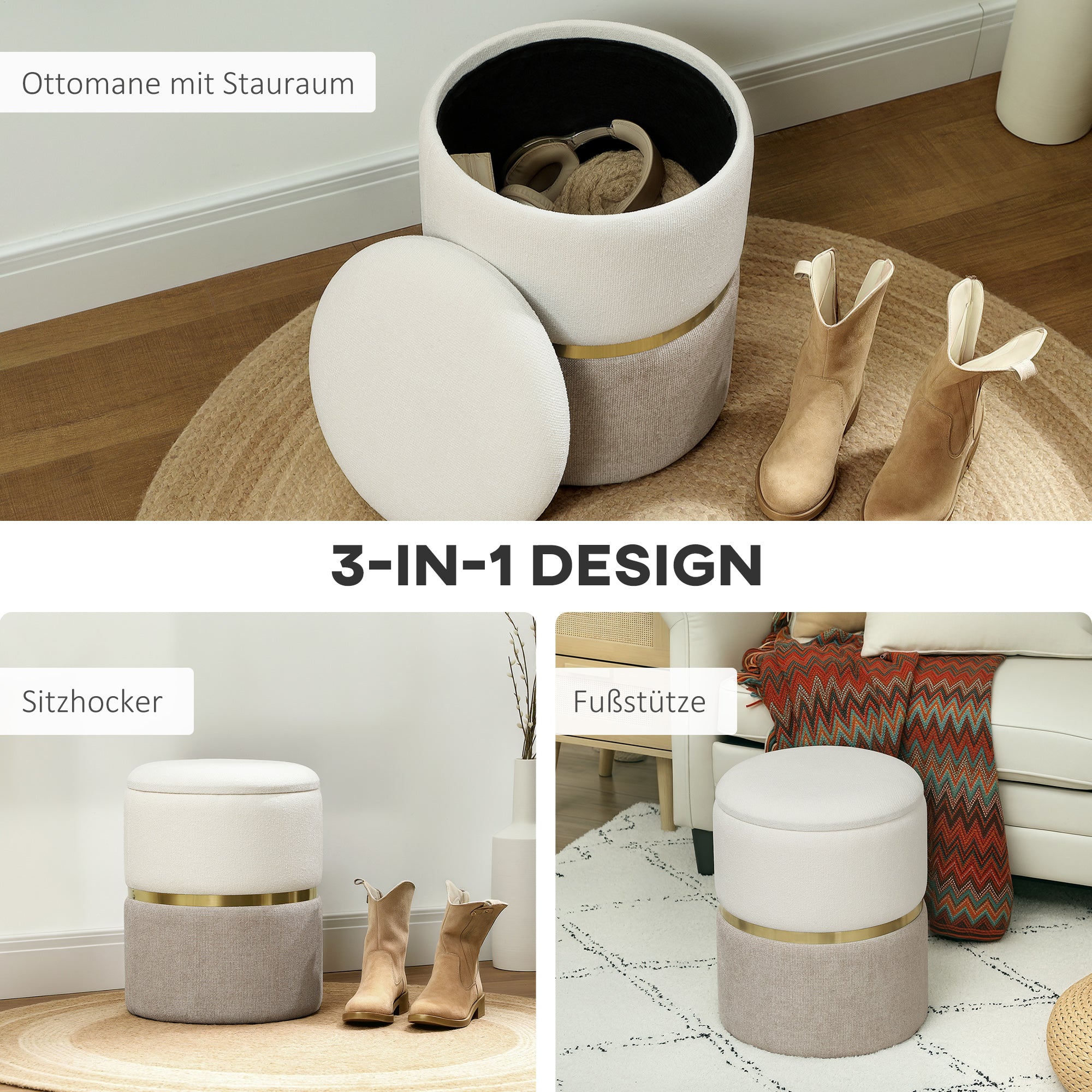 HOMCOM Sitzhocker mit Stauraum Hocker mit Deckel, Metallring, zweifarbig Design 36 x 36 x 44 cm Cremeweiß