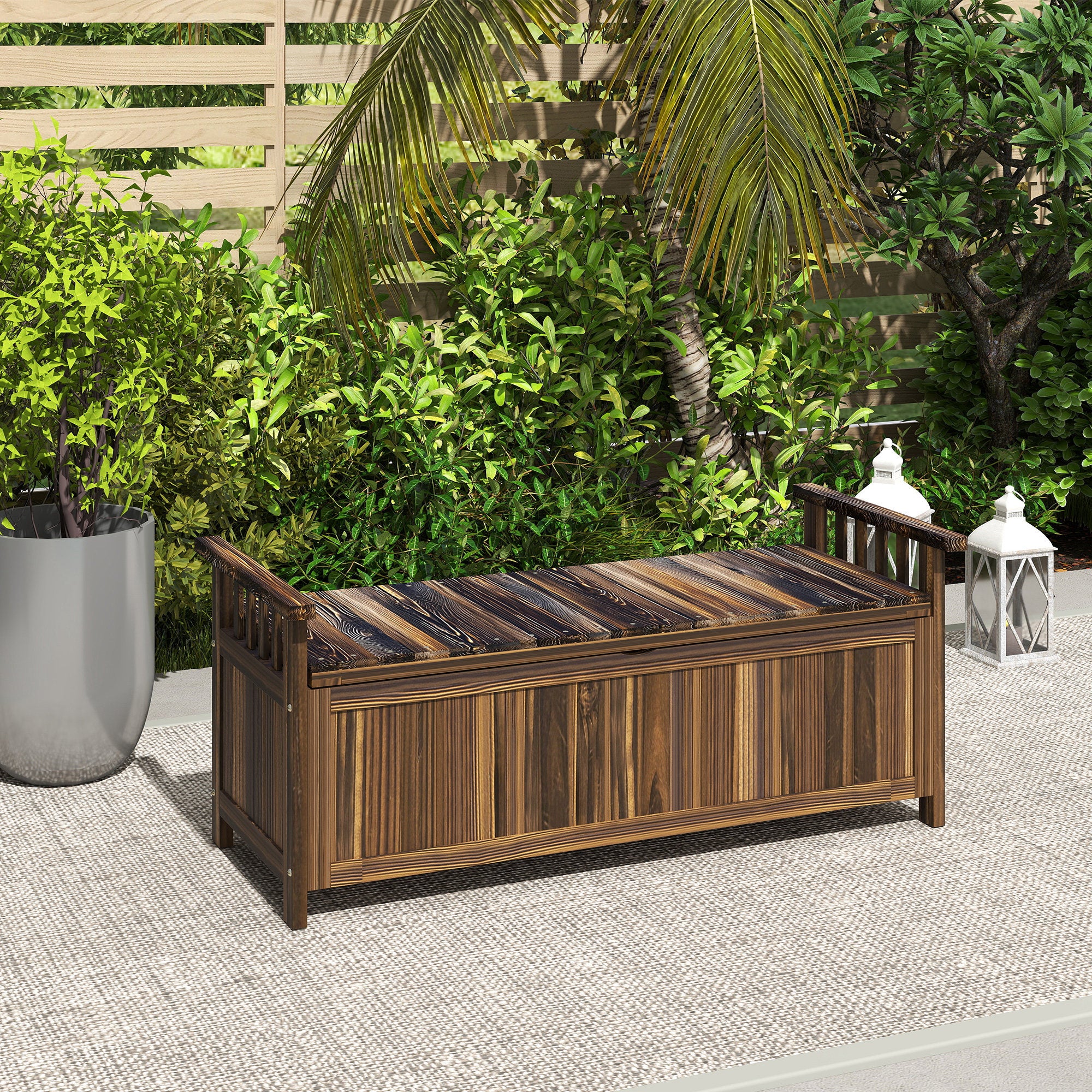 Outsunny 2-Sitzer Gartenbank Holz, wetterfest Sitzbank, Gartenmöbel mit Stauraum Armlehnen 128,5 x 56 x 53,5cm, Verkohlt