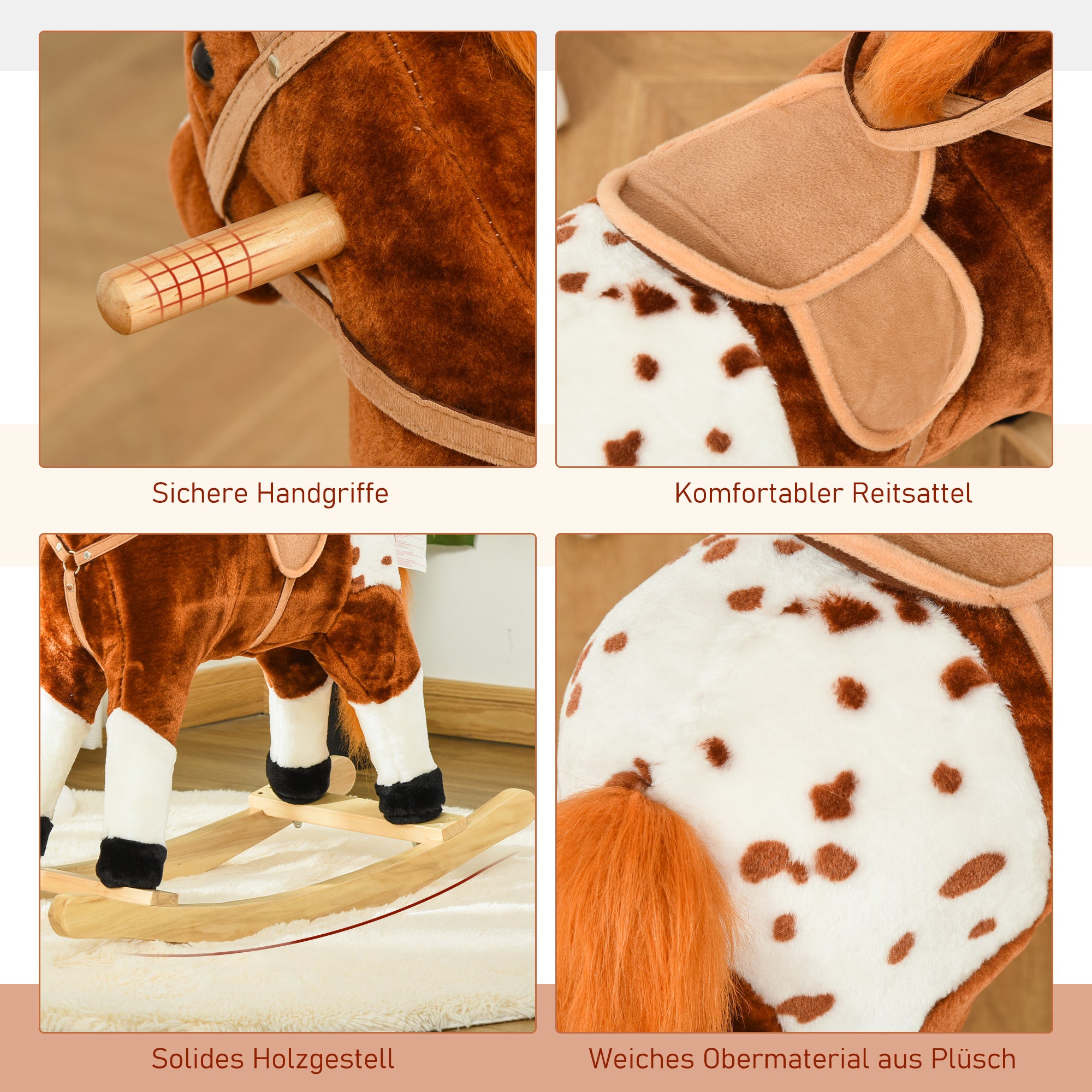 HOMCOM Kinder Schaukelpferd Schaukeltier Schaukelspielzeug Wiehern Braun 74x28x65cm