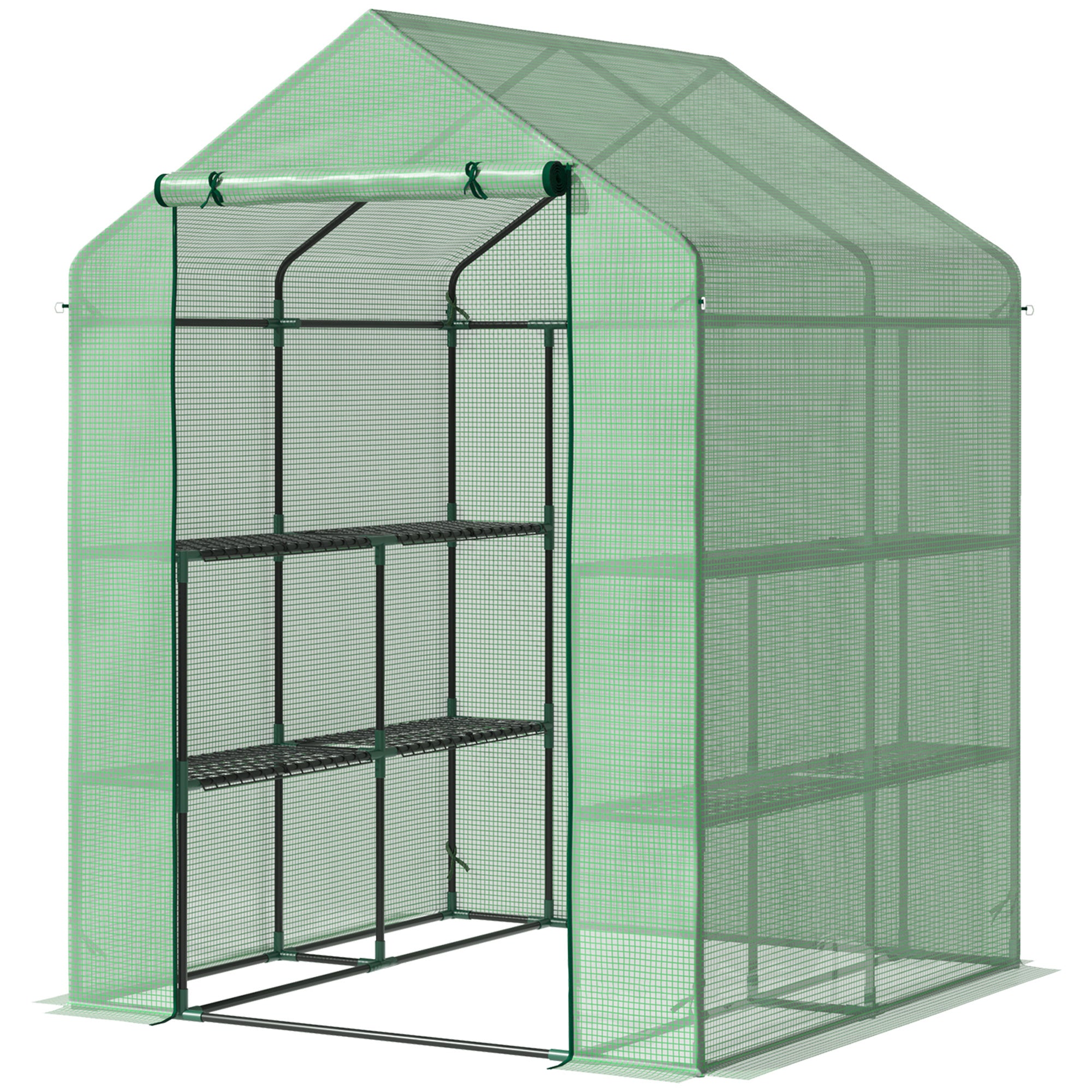 Outsunny Foliengewächshaus begehbares Gewächshaus mit 8 Regalebenen Tomatengewächshaus Treibhaus Frühbeet mit Tür Grün Stahl PE-Kunststoff 143 x 138 x 195 cm
