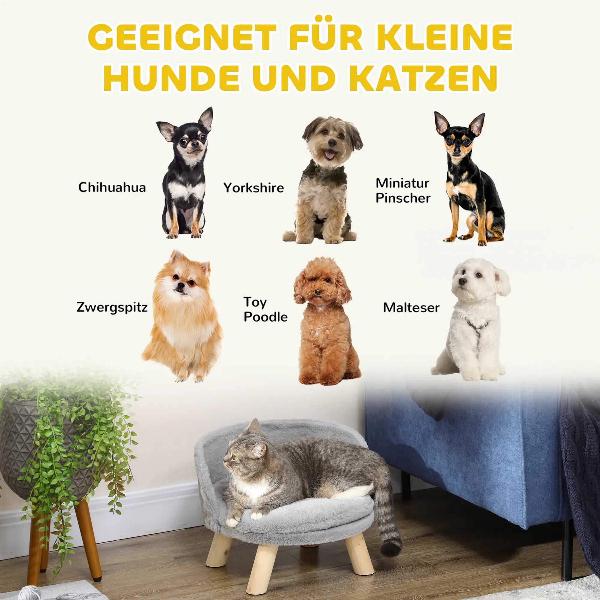 PawHut Haustierbett 40,5 × 40,5 × 33 cm – Grau mit Kissen & Holzfüßen