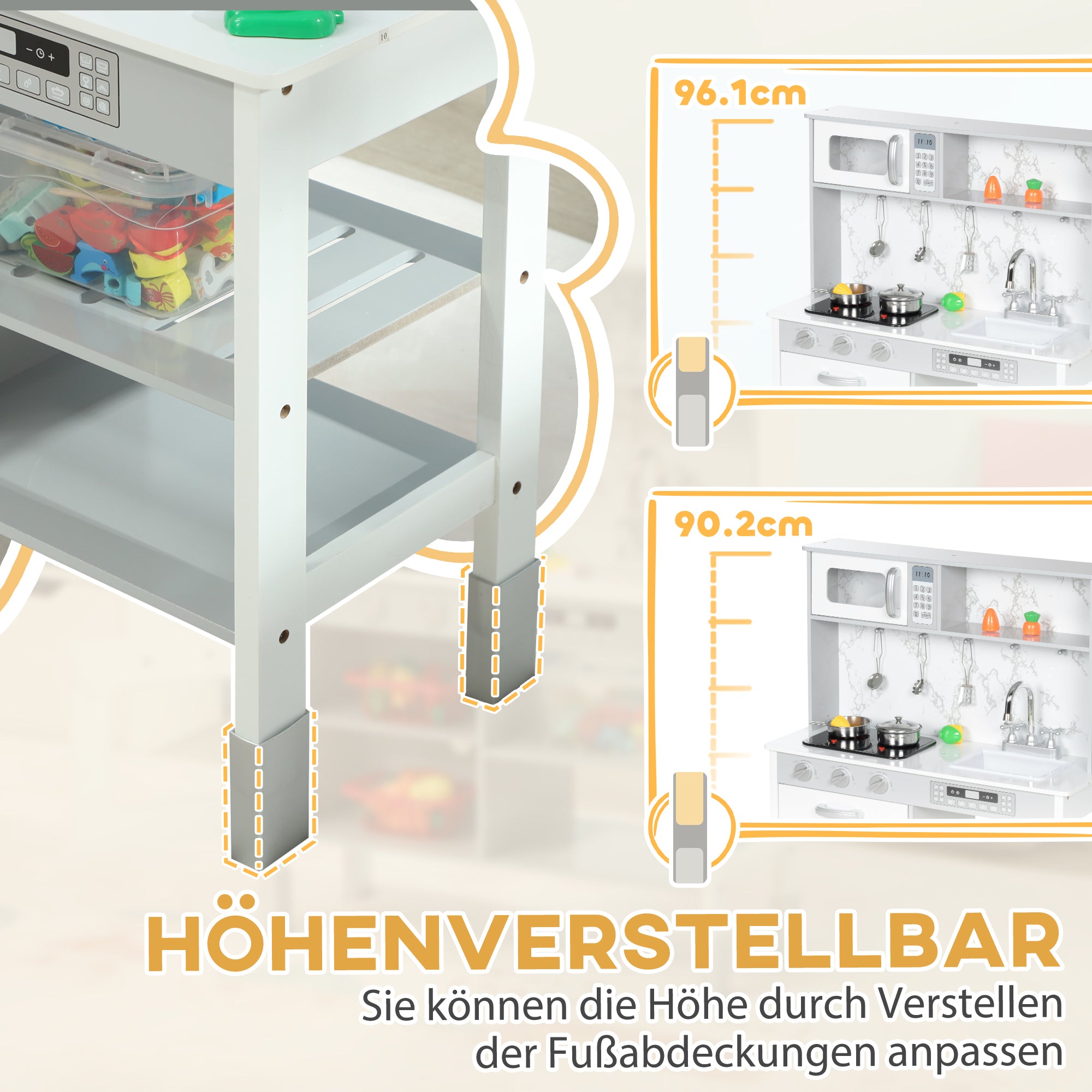 AIYAPLAY Spielküche mit Herd, Mikrowelle, viel Zubehör, höhenverstellbar, 70,1 x 28 x 90,2/96,1 cm, Weiß