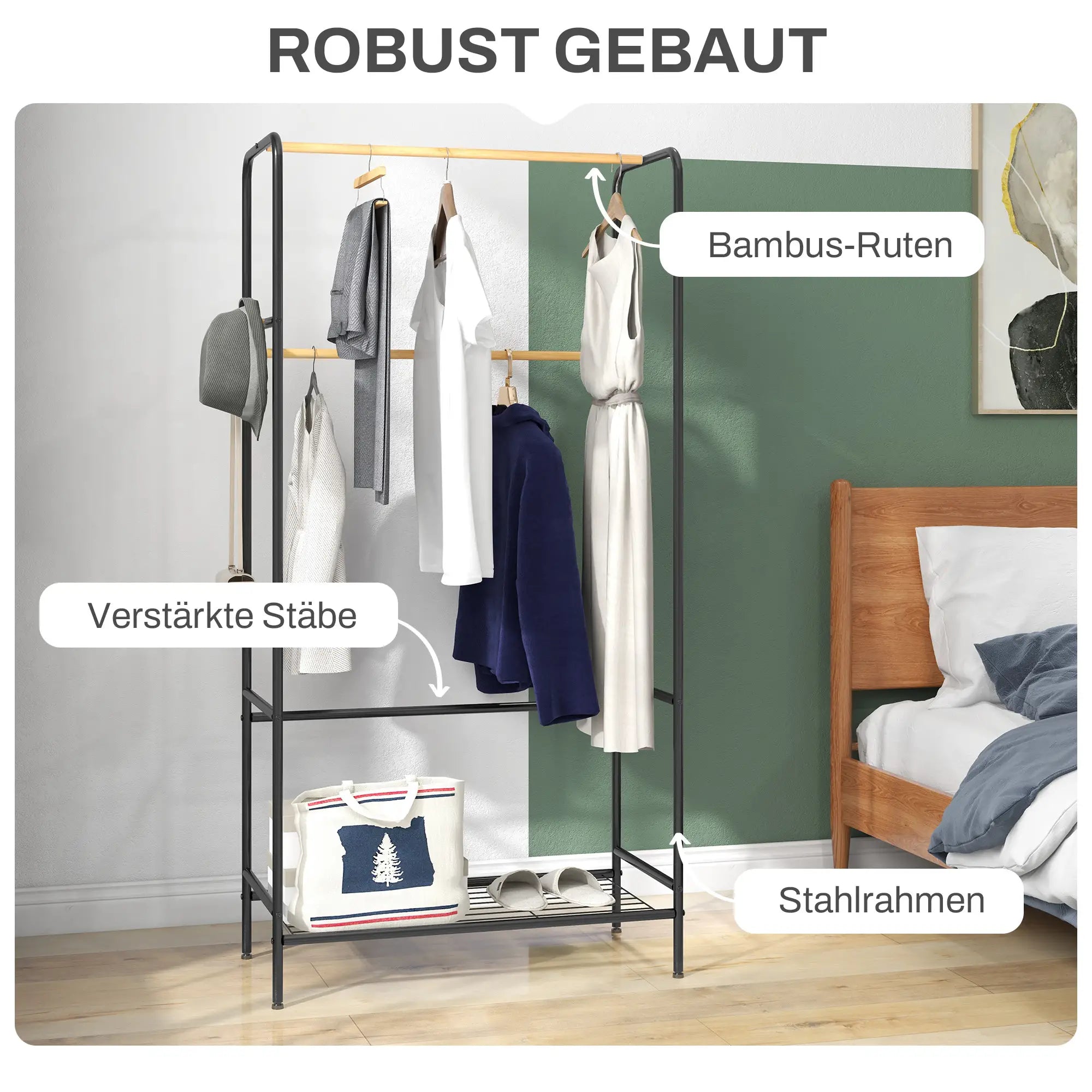 HOMCOM Kleiderständer, 2 Kleiderstangen, Ablage & Haken, Bambus/Stahl, Schwarz