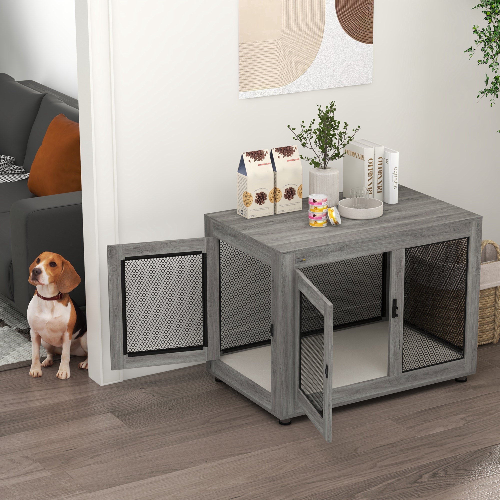 PawHut Hundebox, Welpenbox, mit Ablagefläche, wasserabweisendes Kissen, Stahlgitter, verstellbare Füße, 94x60x71,5 cm
