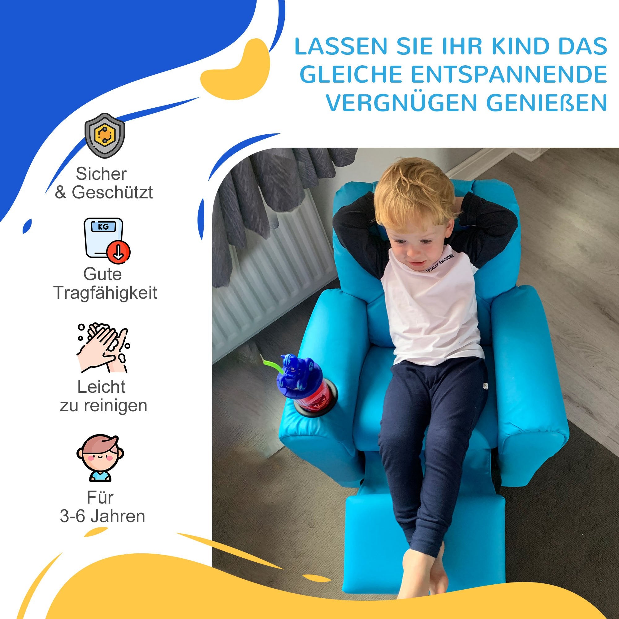 HOMCOM Kindersessel mit neigbarer Rücklehne 62 x 52 x 69cm Massivholzrahmen Blau
