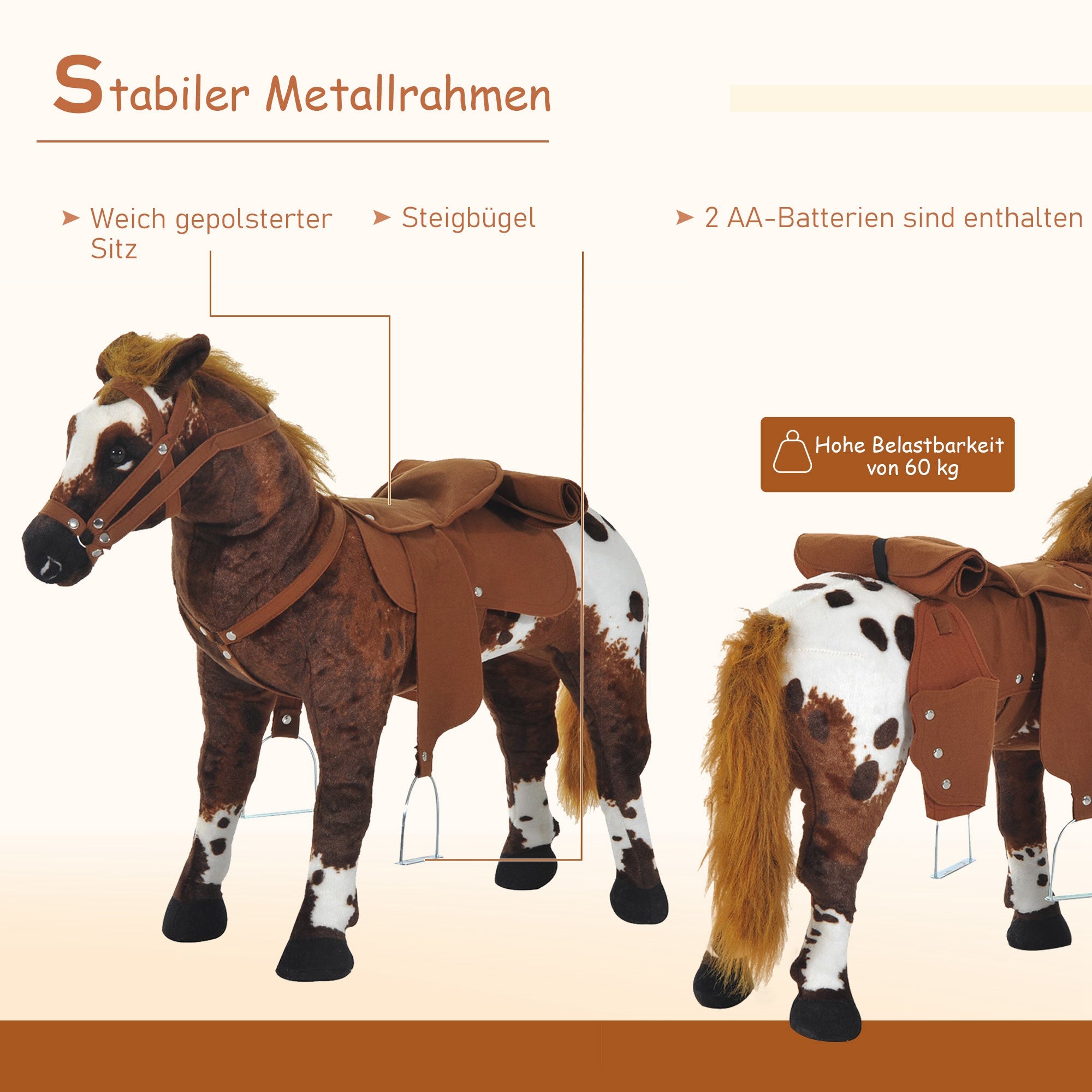 HOMCOM Spielpferd Reitpferd für Kinder ab 2 Jahren, Weiches Plüschpferd mit Sattel & Steigbügel, Pferd Spielzeug mit Geräusch, Braun