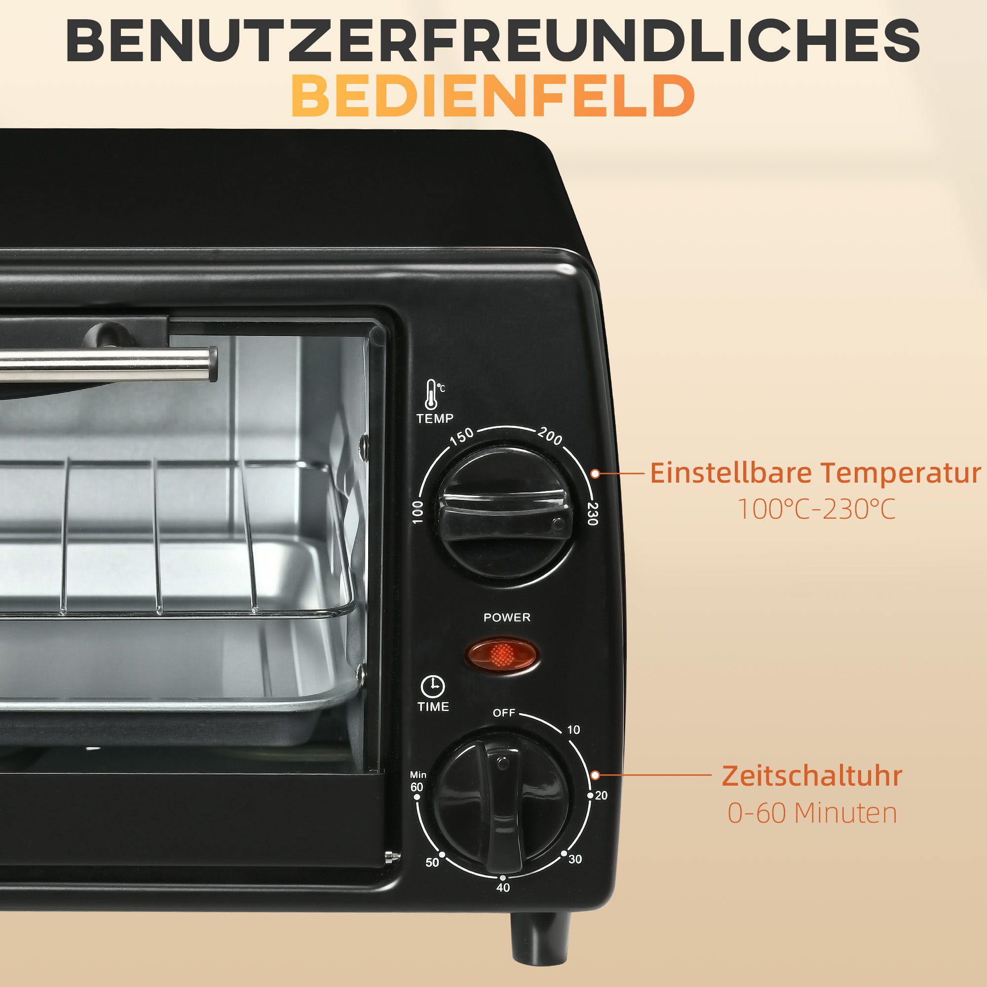 HOMCOM Mini-Ofen Toasterofen, 1 Backblech, 1 Grilrost, 10 L Kapazität, Timer-Funktion, 36.5 cm x 26 cm x 22 cm, Schwarz