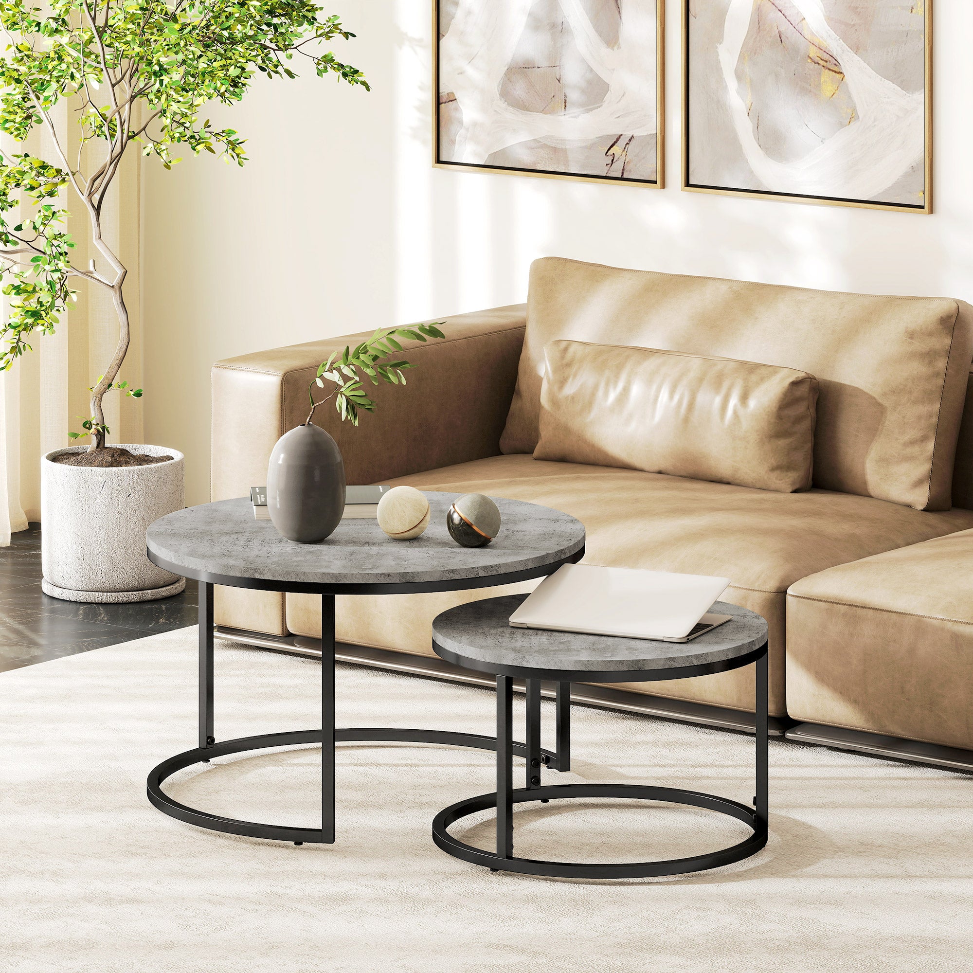 HOMCOM Couchtisch-Set, 2 runde Satztische, Industriedesign, Metallgestell, Marmoroptik/Grau