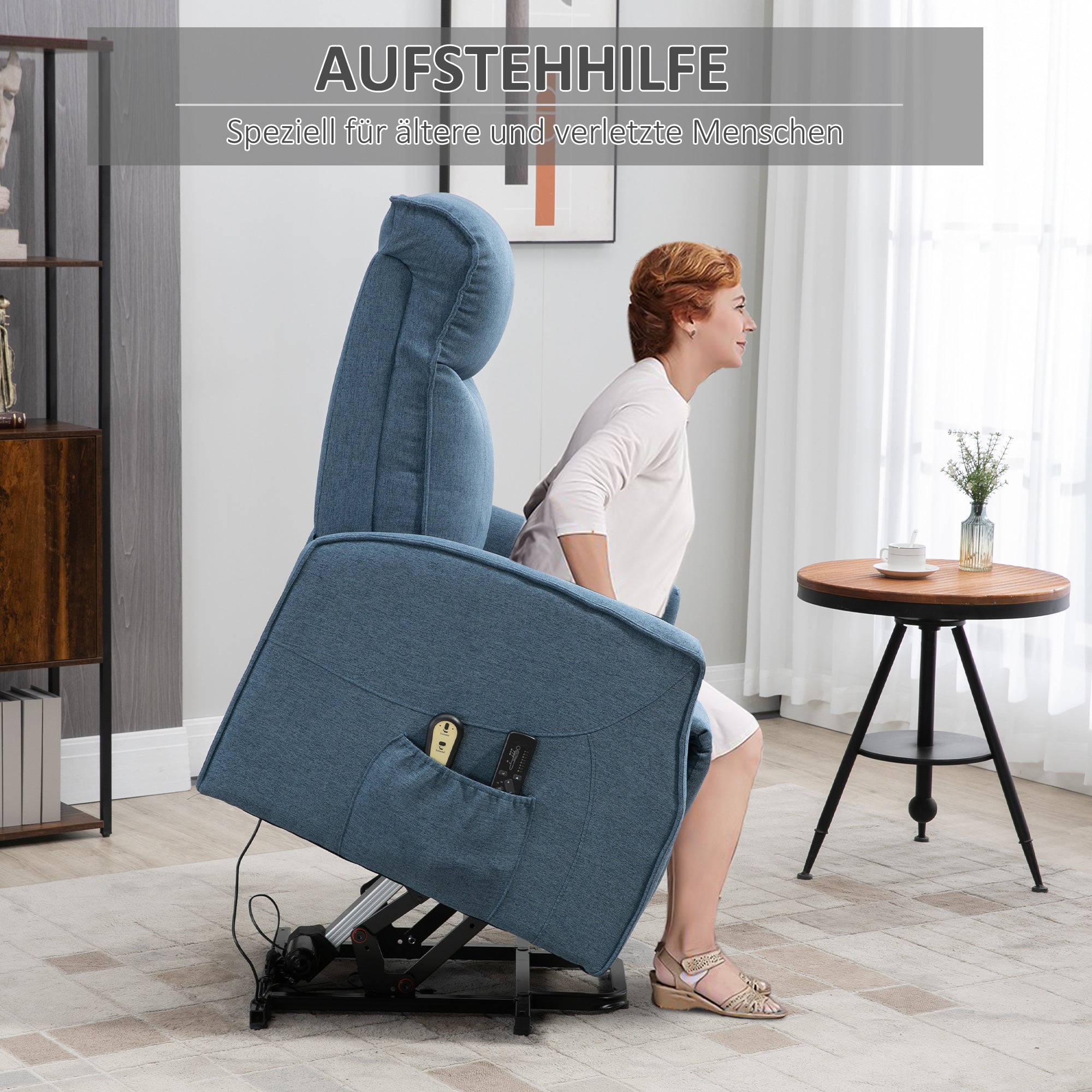 HOMCOM Massagesessel mit Aufstehhilfe, Relaxsessel, inkl. Fernbedienung, 1 Seitentasche, Fußstütze, Blau