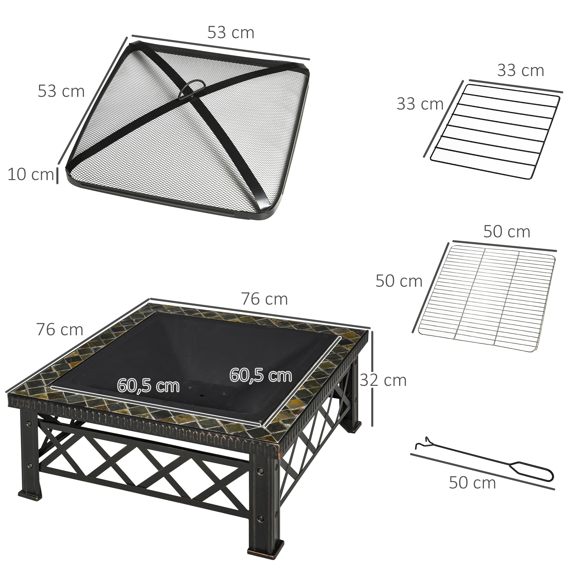 Outsunny 3-in-1 Feuerschale Feuerkorb Feuerstelle mit Funkenschutz Grillrost Eiskübel Garten BBQ Schwarz 76cm x 76cm x 47cm