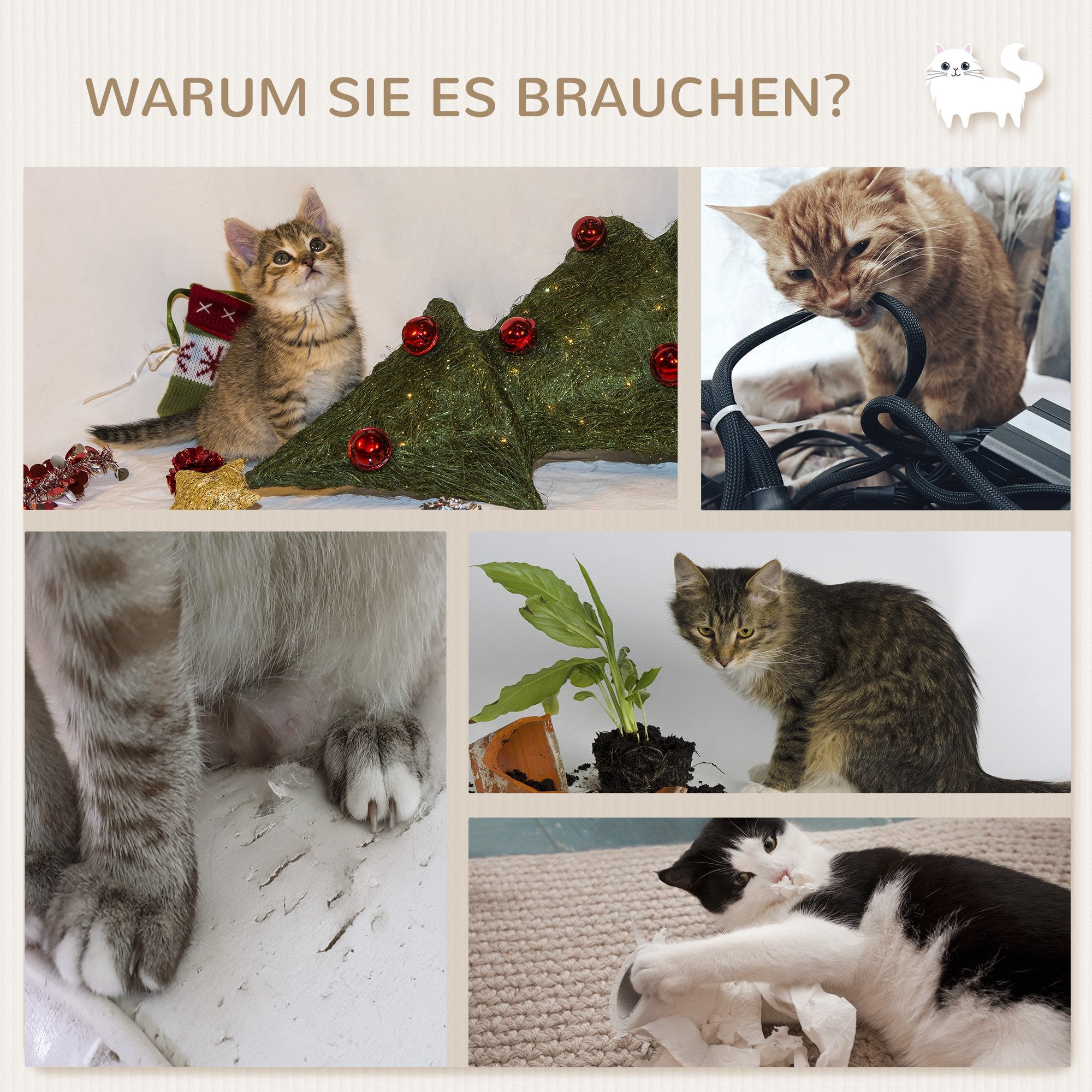 PawHut Kletterwand-Set für Katzen, 4-teilig, mit Katzentreppe, Hängematte, Plattform und Kratzbaum, Beige