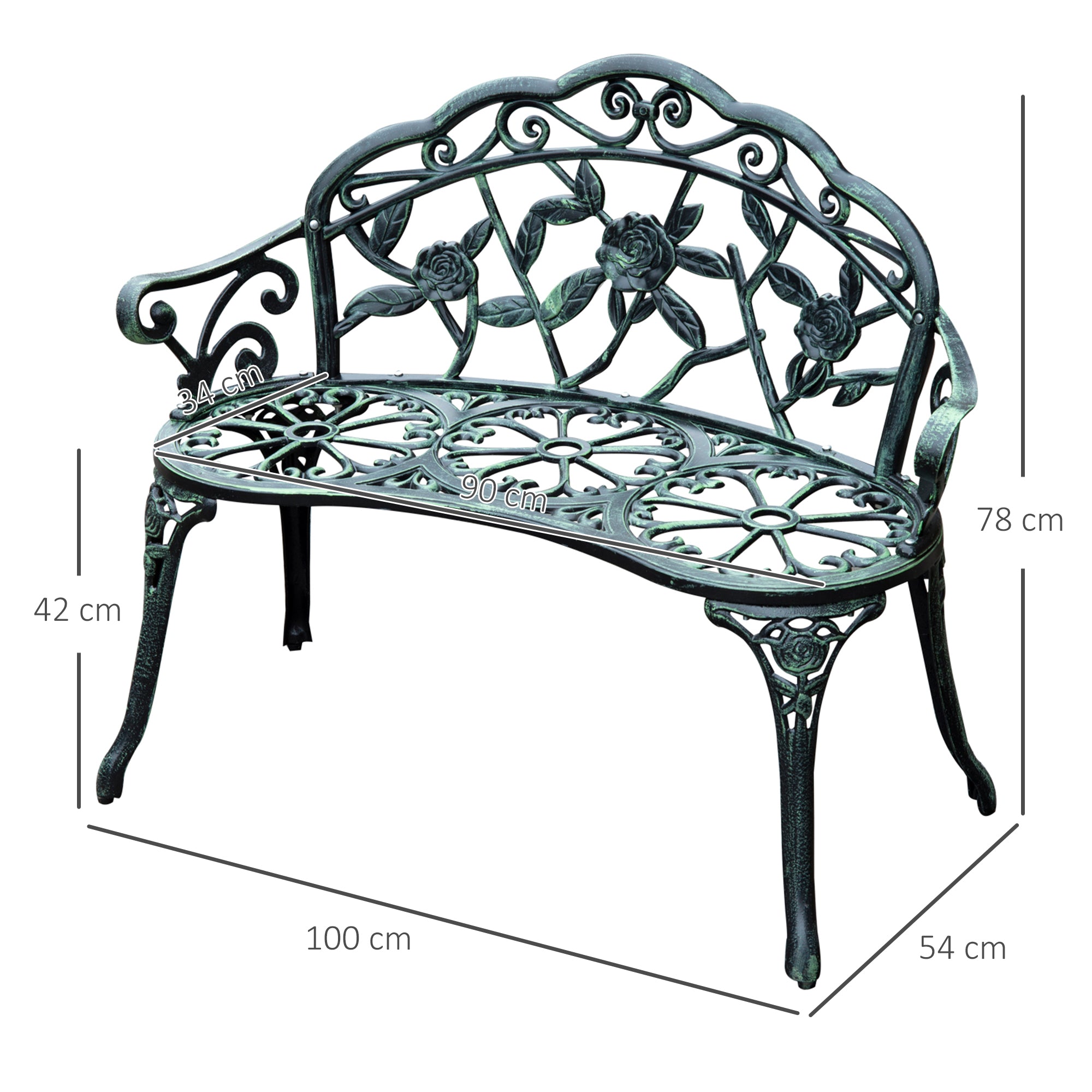 Outsunny 2-Sitzer Gartenbank robust Parkbank Sitzbank mit Rückenlehne Bank 240kg belastbar Gartenmöbel 100 x 54 x 78 cm Antik Grün
