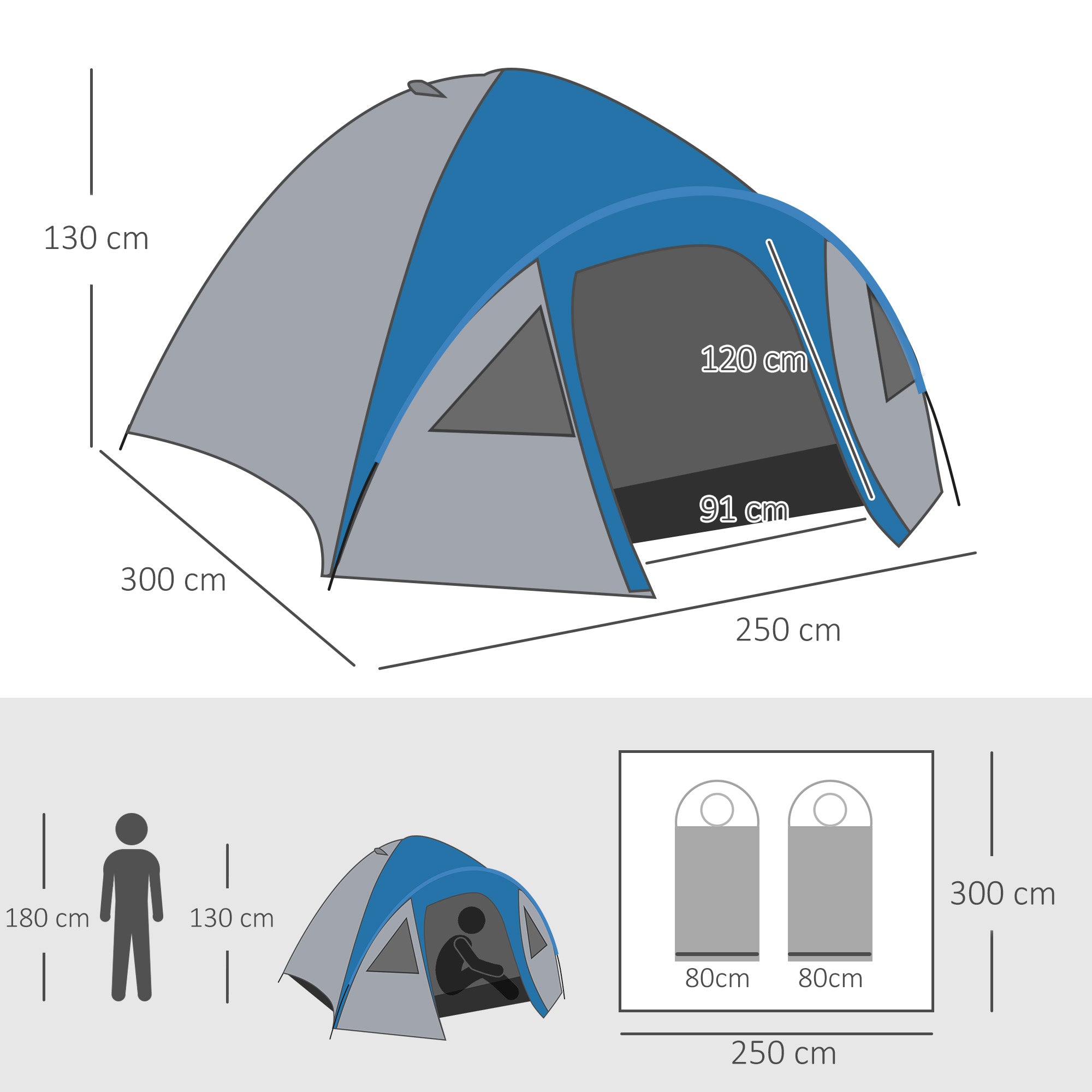 Outsunny Campingzelt für 4 Personen ganzjährig nutzbar 3,00 x 2,50 x 1,30m Blau+Grau