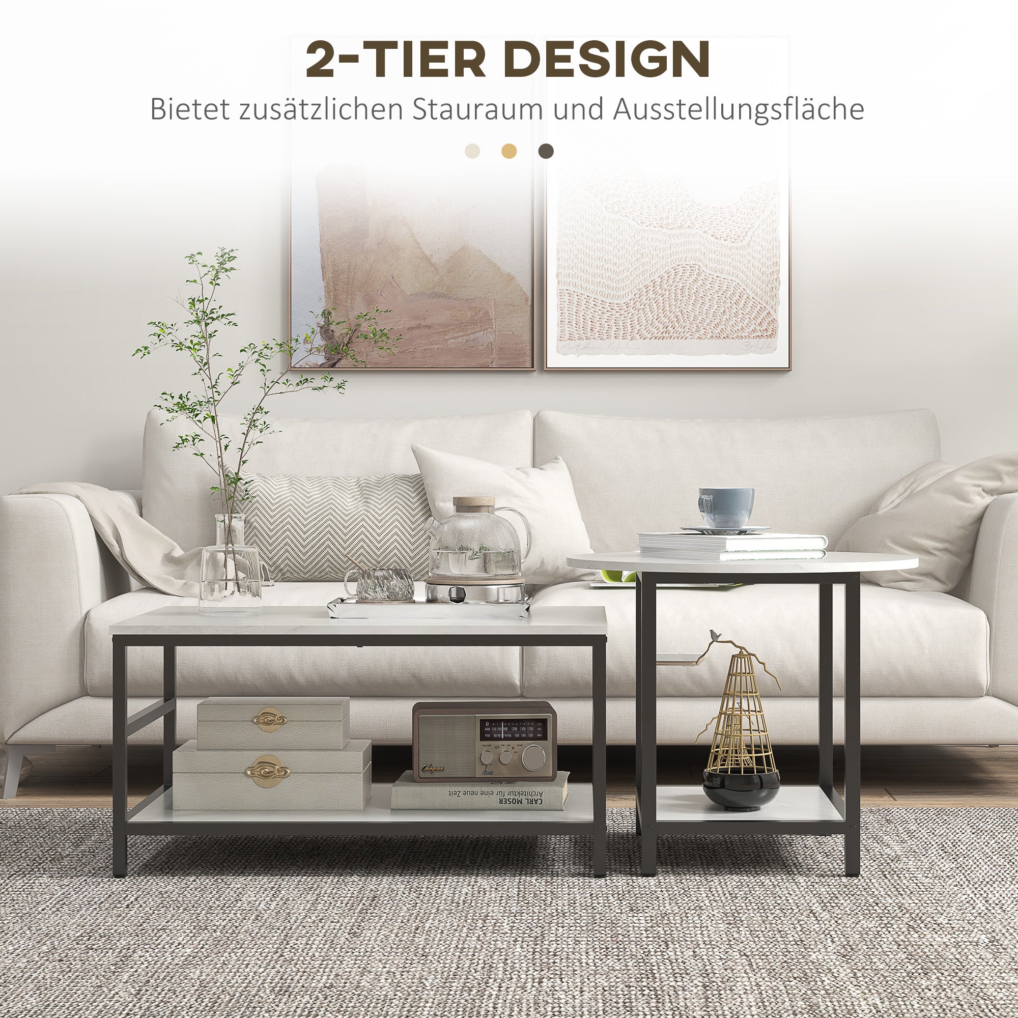 HOMCOM Couchtisch-Set, 2 Beistelltische, Marmoroptik, verstellbare Füße, Stahl, Schwarz/Weiß