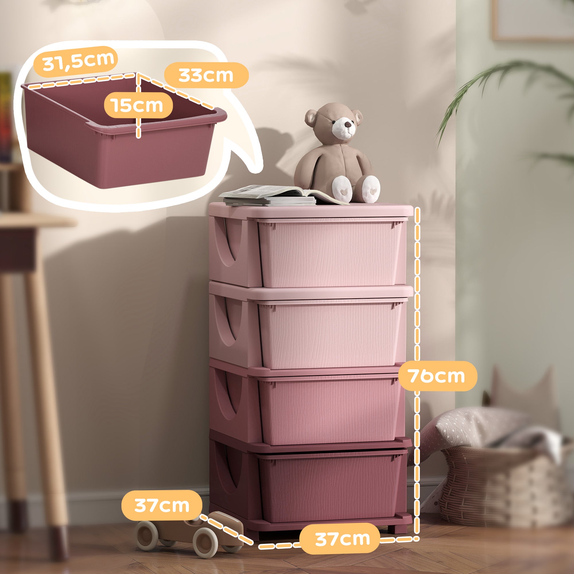 HOMCOM Aufbewahrungsboxen für Kinder, 4 Schubladen, abgerundete Kanten, erhöhtes Design, 37x37x76 cm, Rosa