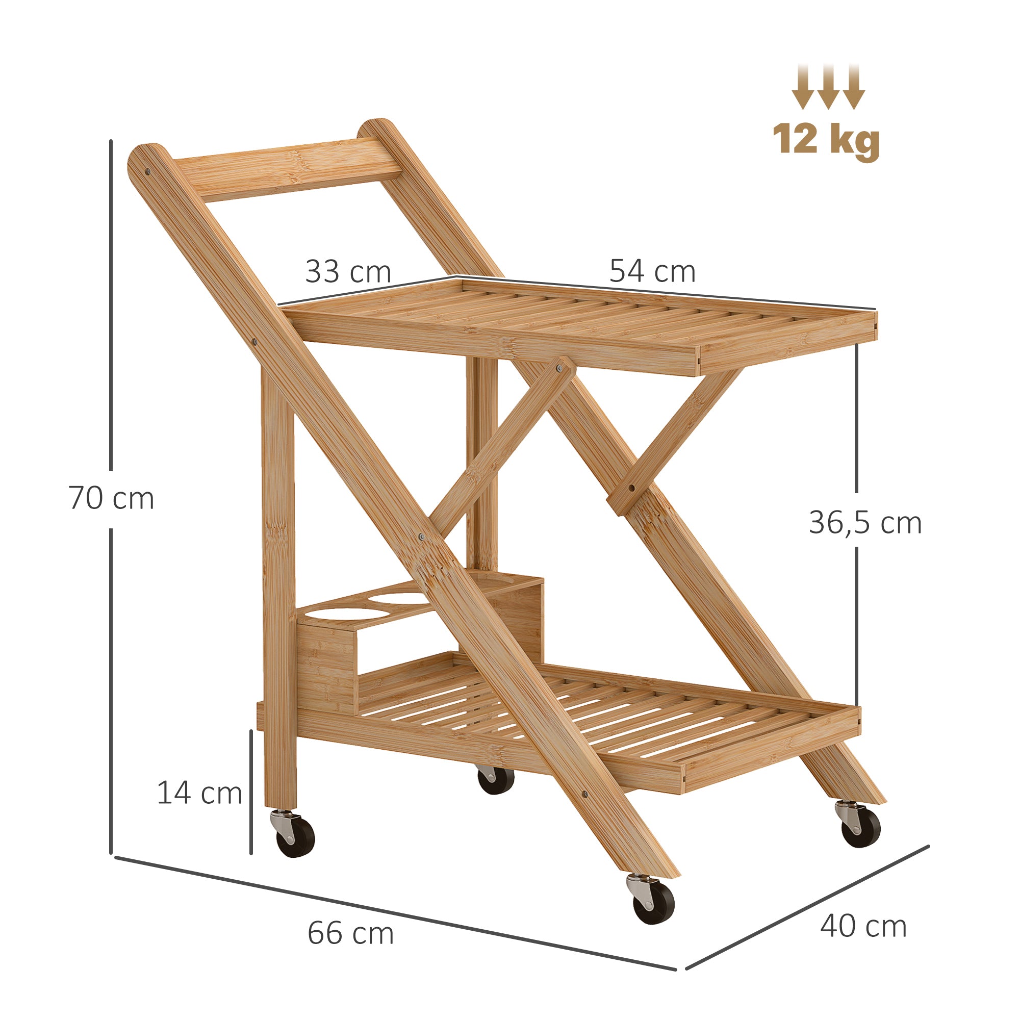 HOMCOM Küchenwagen auf Rädern, Servierwagen mit 3 Weinregalen, 2 Tabletts, für Küche, Esszimmer, Bambusholz, Hellbraun