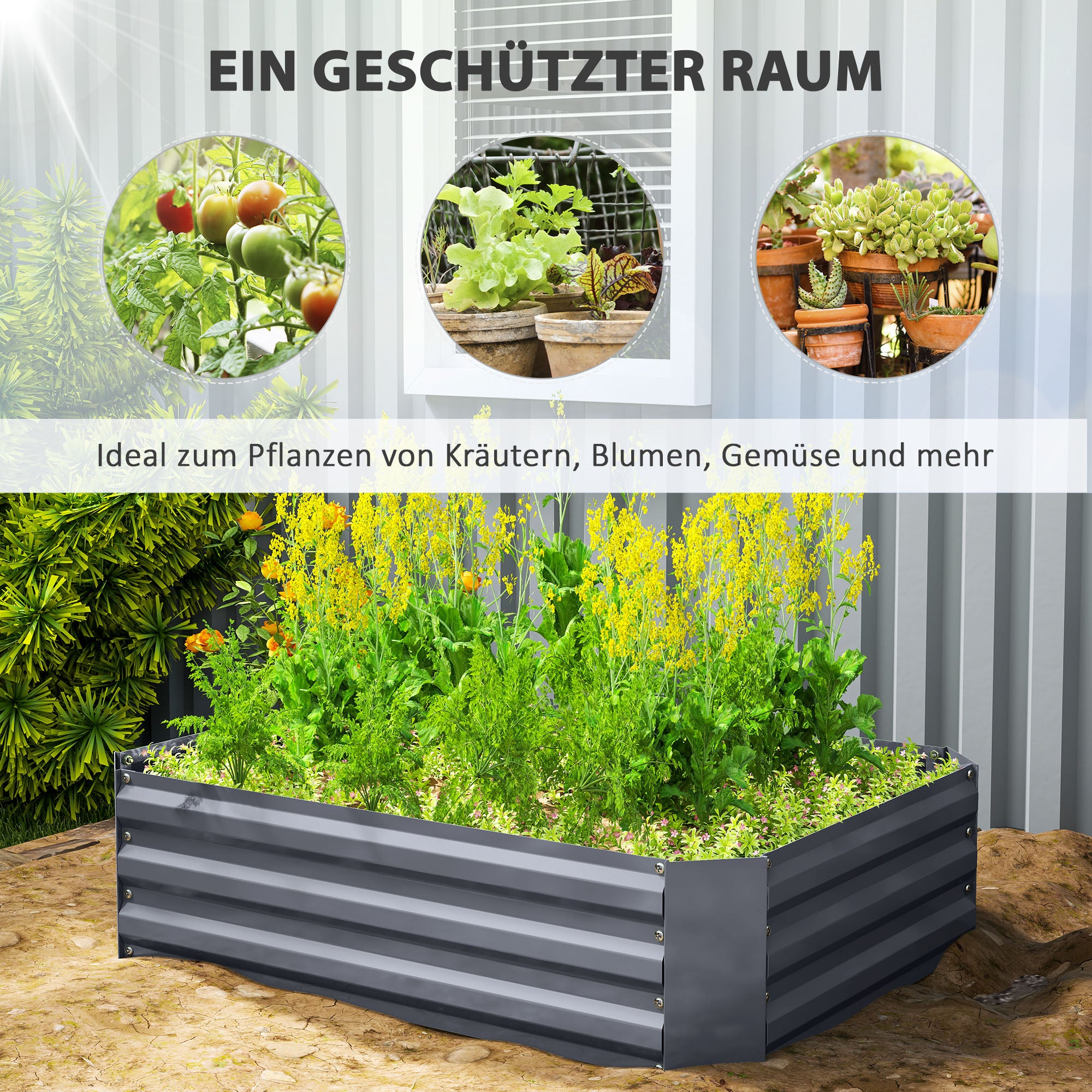 Outsunny Hochbeet aus verzinktem Stahl, Gartenbeet, Pflanzkasten für Garten, Blumenkasten, 120 x 90 x 30 cm, Dunkelgrau