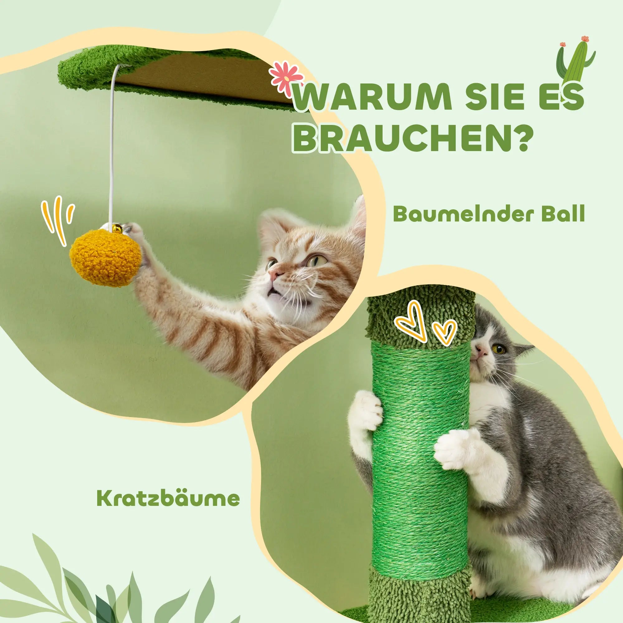 PawHut Höhenverstellbarer Kratzbaum 230-275 cm, platzsparend, Spielzentrum mit Hängematte, Grün