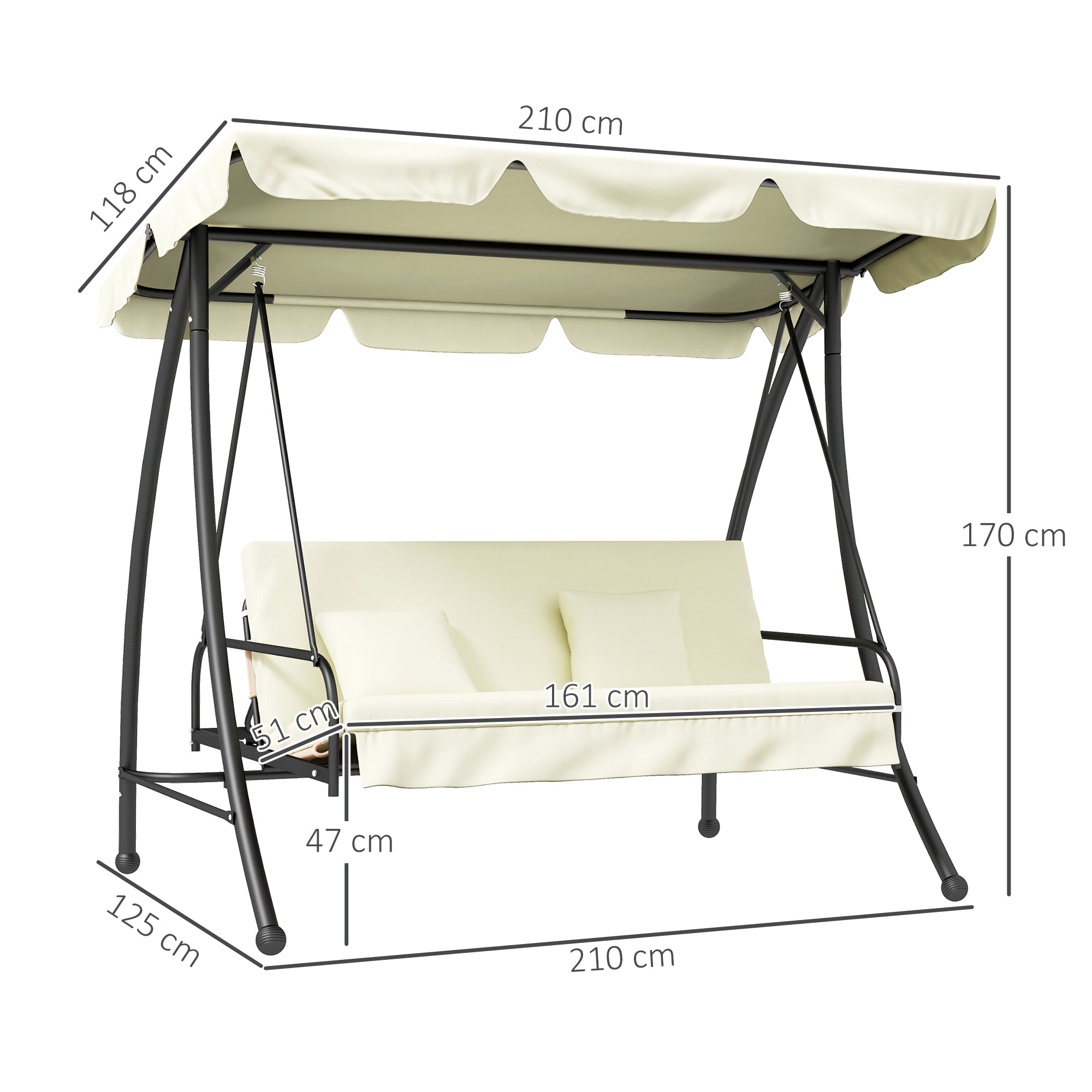 Outsunny Hollywoodschaukel, Schaukelbank mit Liege-Funktion, 3 Sitzer, Metall+Polyester, 200 x 125 x 170 cm, Weiß