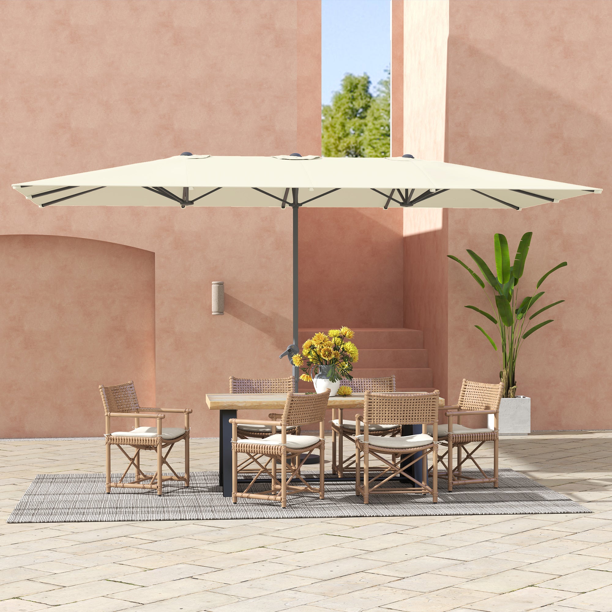 Outsunny Doppelseitiger Schirm, 451 x 264 cm Sonnenschirm mit Kurbelsystem, 12 Metallstreben, Aluminiummast, Cremeweiß