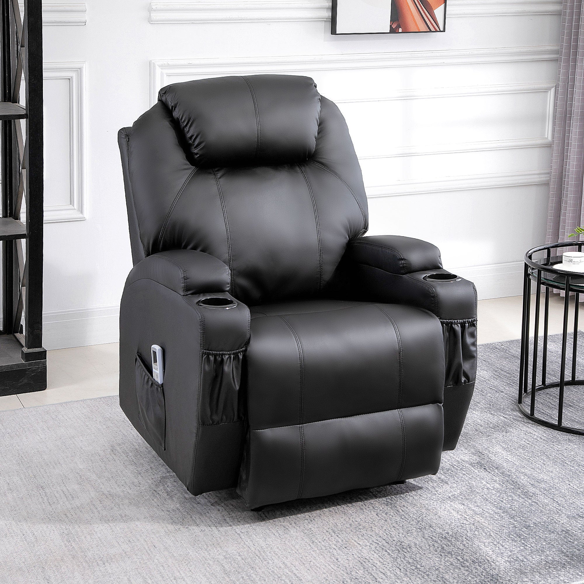 HOMCOM Massagesessel Elektrisch Relaxsessel Fernsehsessel Massagefunktion Liegefunktion TV-Sessel mit 2 Seitentaschen und Getränkehalter Kunstleder Schwarz 82 x 97 x 110 cm