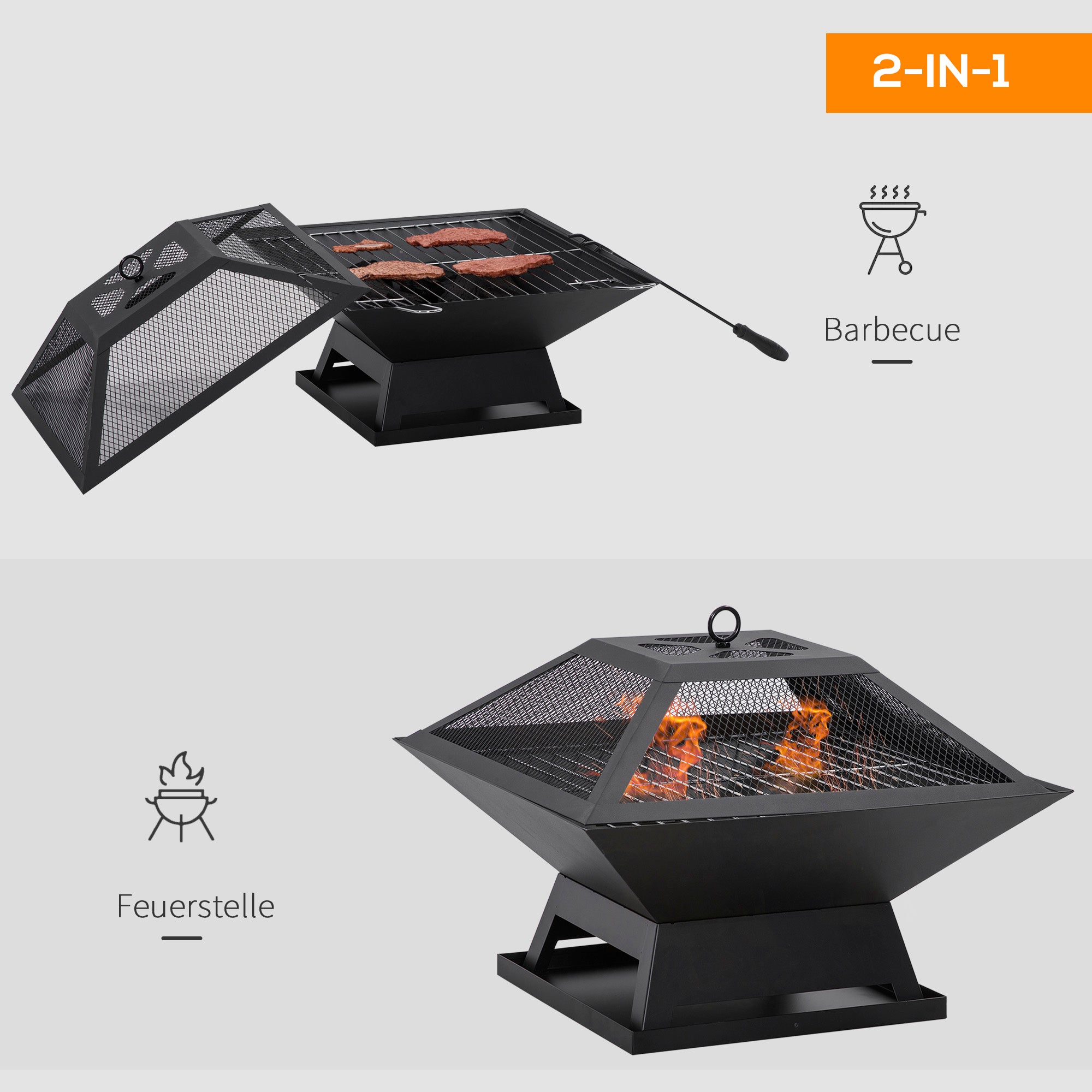Outsunny Feuerschale 45 x 45 x 34cm aus Edelstahl Feuerstelle mit Funkenschutz Schürhaken Feuerschalen Feuerkorb für Garten, Balkon, BBQ Camping Schwarz