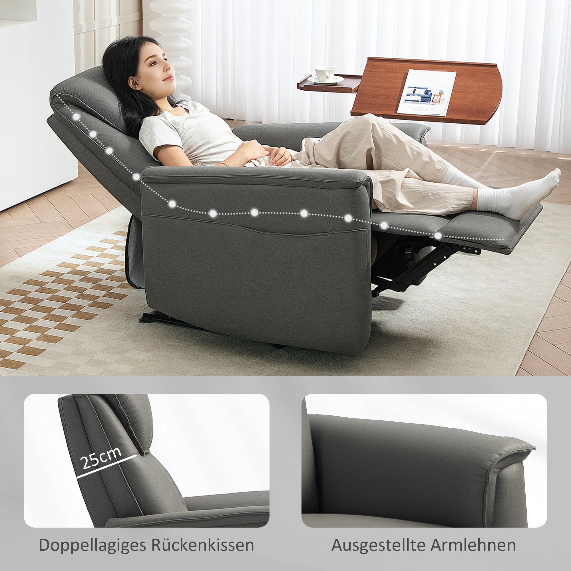 HOMCOM Liegesessel mit Taschenfederkernsitz und verstellbarer Fußstütze, Seitentaschen, für Wohnzimmer, Schlafzimmer, Hellgrau