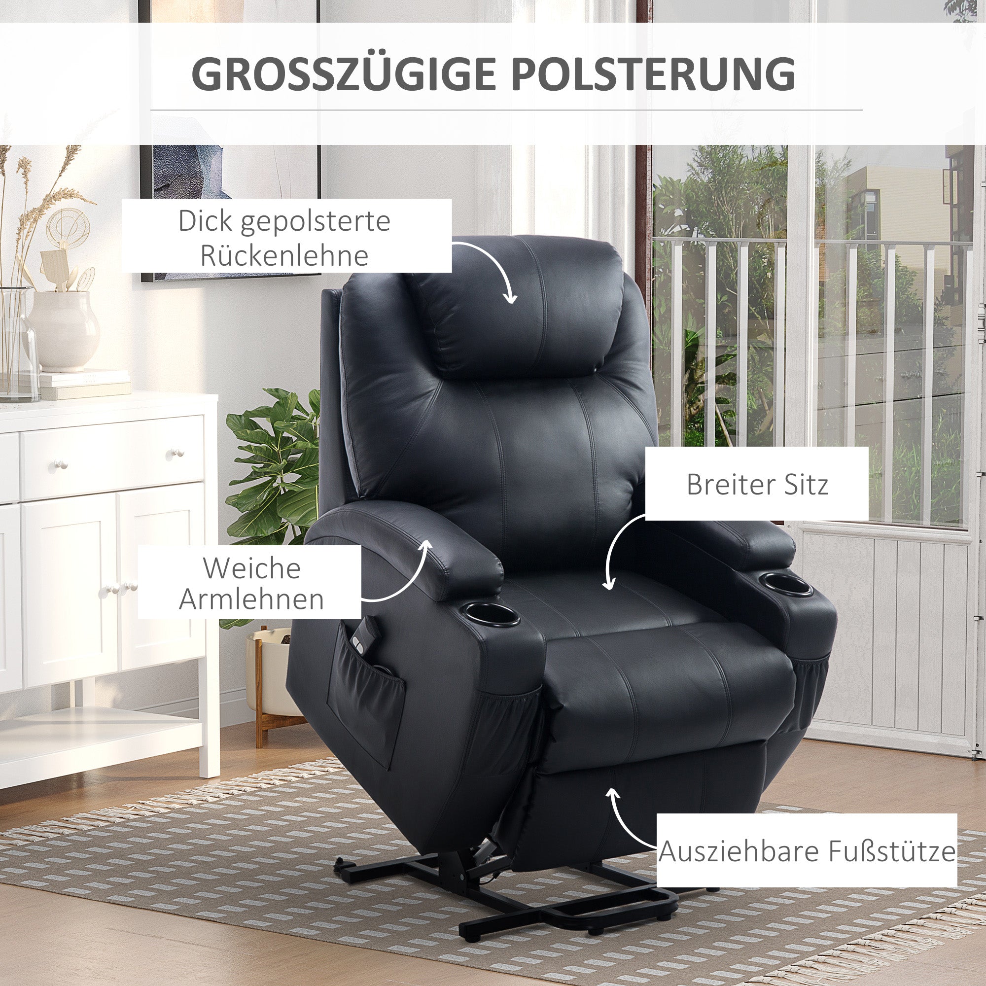 HOMCOM Fernsehsessel mit Aufstehhilfe Elektrisch Relaxsessel mit Liegefunktion, TV-Sessel mit Becherhalter, Seitentasche und Fernbedienung, Kunstleder, Schwarz