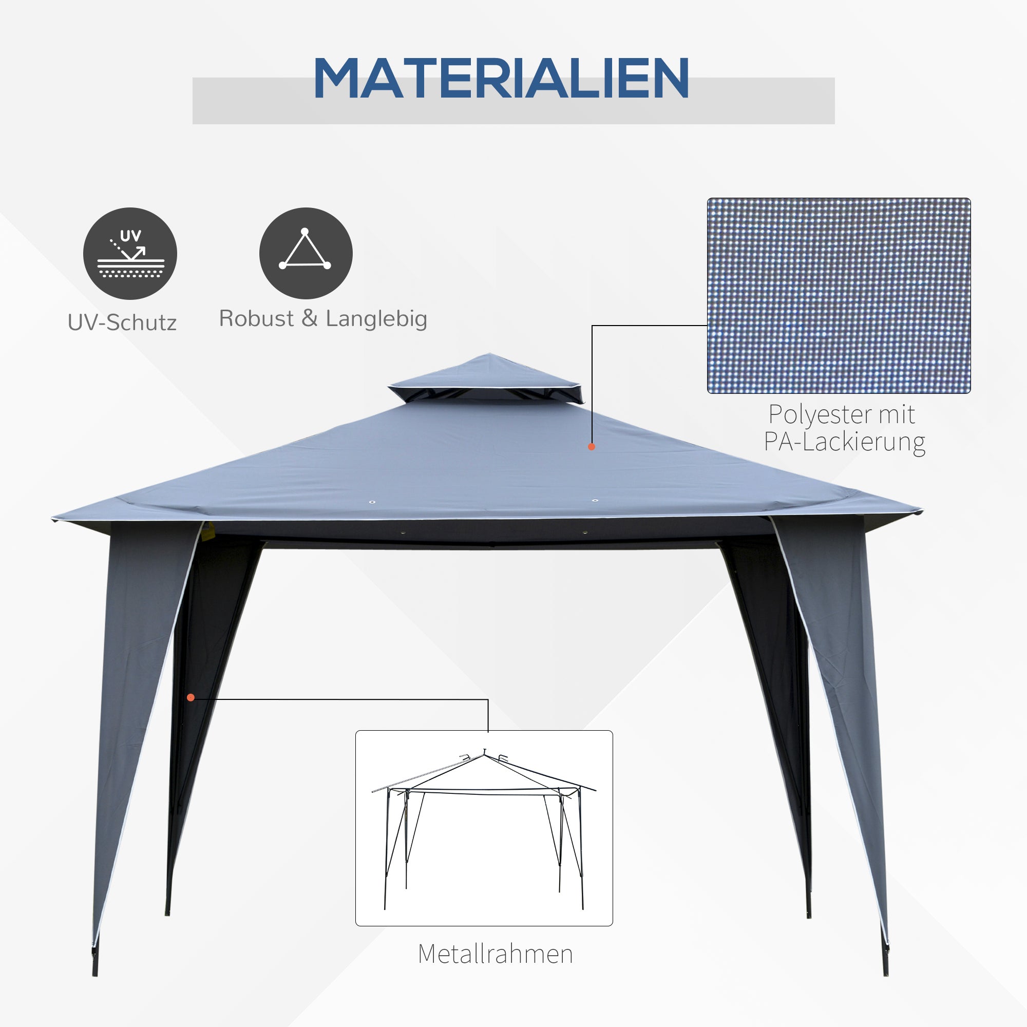 Outsunny Pavillon Partyzelt mit Doppeldach 3,45x3,45x2,68m Festzelt Gartenlaube Metall Polyester Grau
