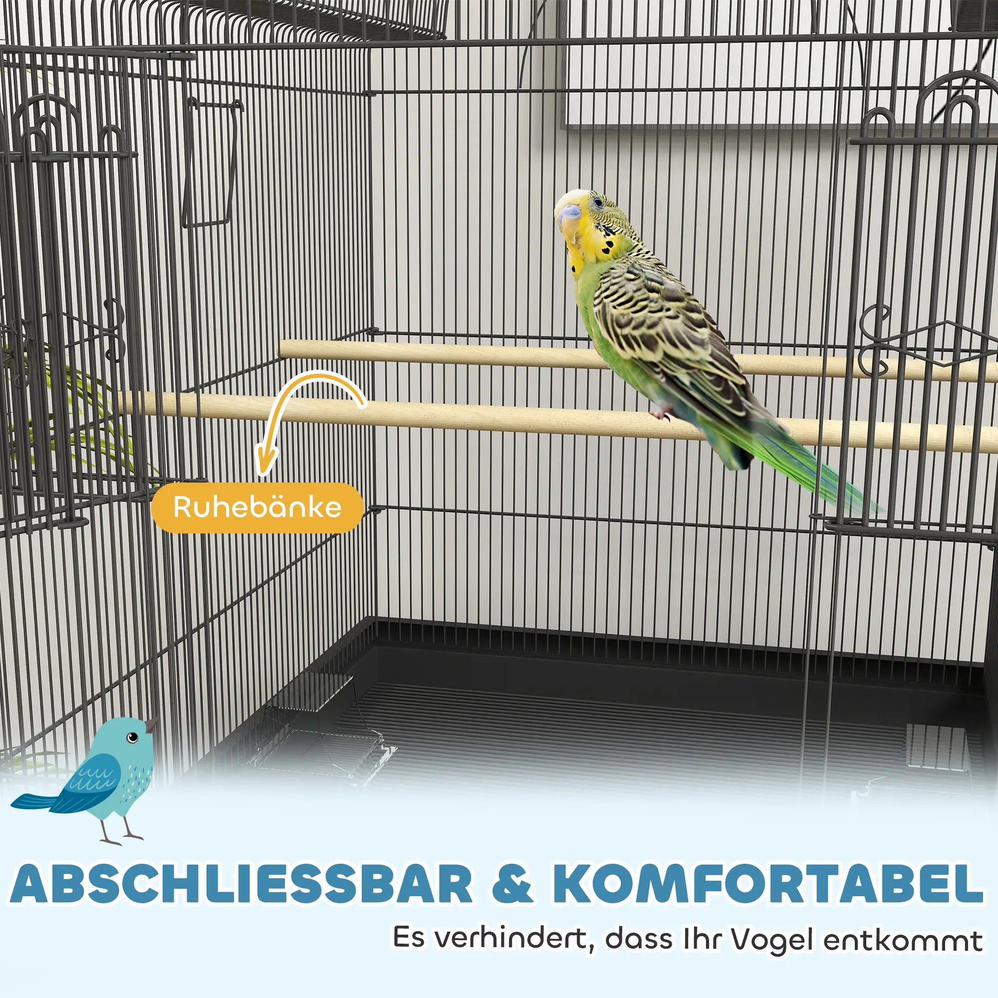PawHut Vogelkäfig für Kanarienvögel & Wellensittiche, mobil, mit Bodenfach, Metallgitter, Schwarz