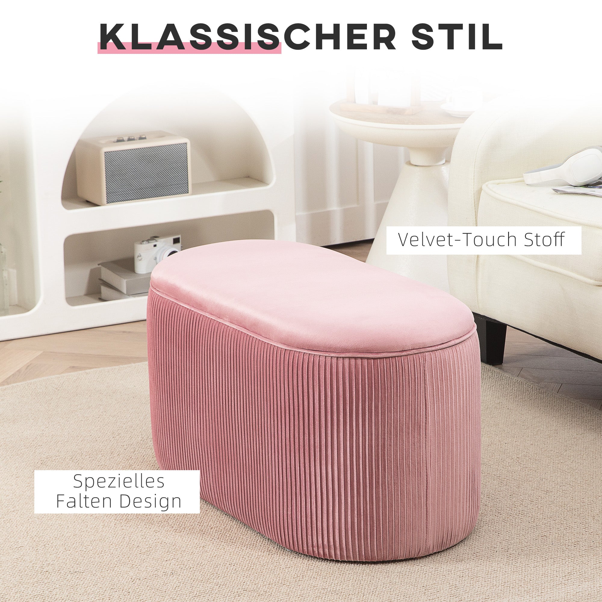 HOMCOM Sitzbank Bank mit Stauraum Polsterbank Ottomane, Retrodesign, Samtoptik, 81 cm x 40 cm x 41 cm, Altrosa