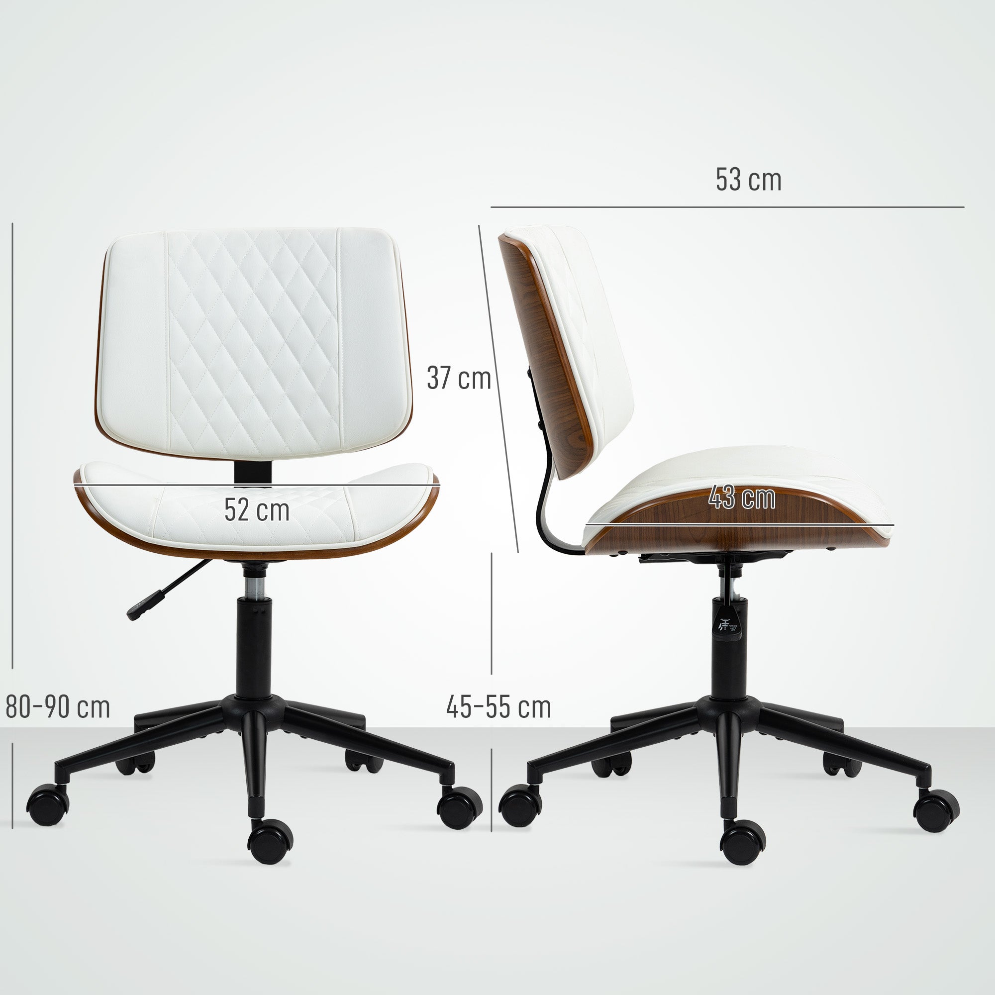 HOMCOM Bürostuhl Höhenverstellbarer Schreibtischstuhl mit Rolle, Diamantsteppung 52 x 53 x 80-90 cm Weiß