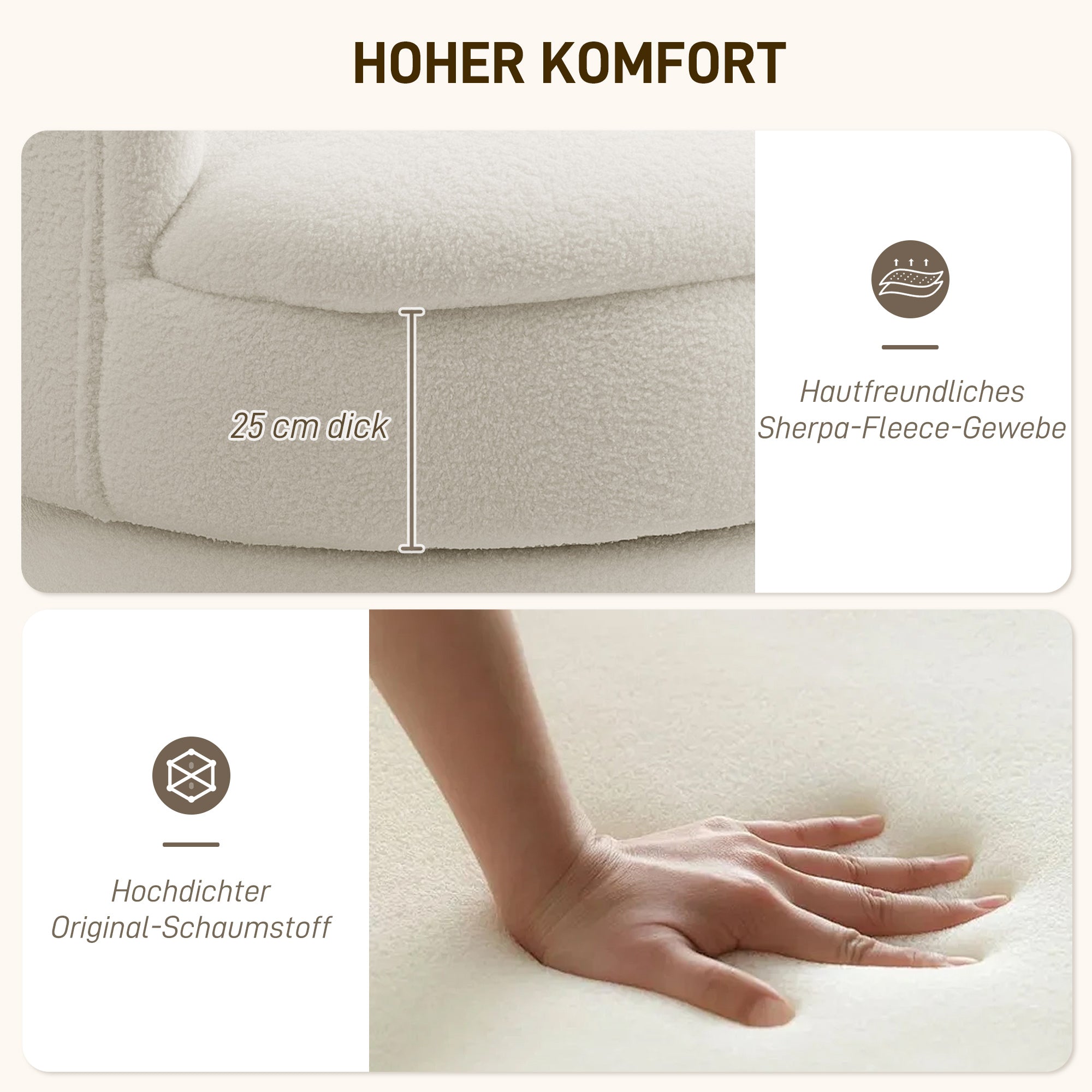 HOMCOM Drehbarer Polstersessel, Moderner Lounge-Sessel mit Kautschukholzrahmen, für Wohnzimmer, Schlafzimmer, Cremeweiß