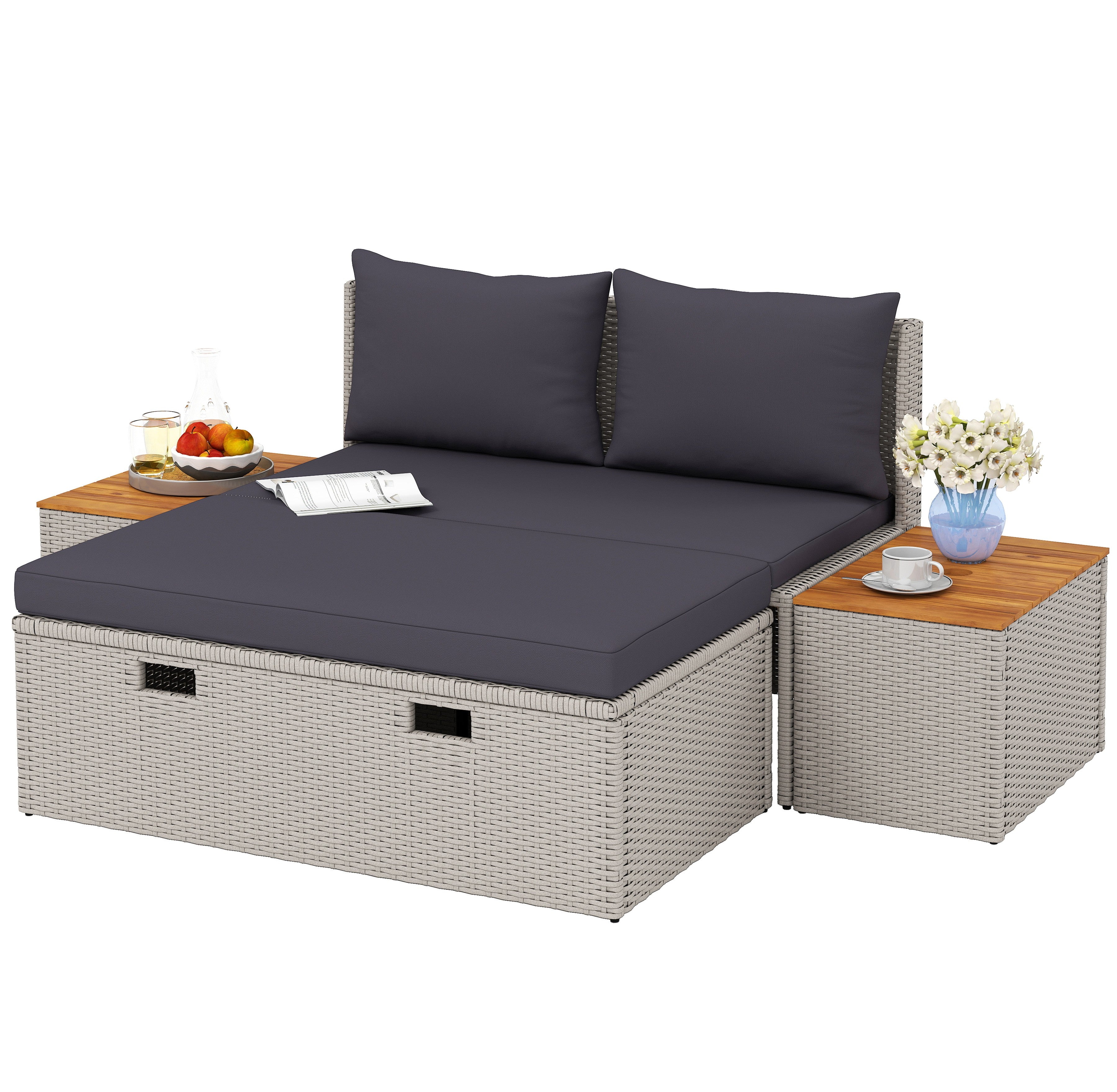 Outsunny Polyrattan Sonnenliege für 2 Personen Doppelliege mit Fußhocker Stauraum Auflagen 125x114x72,5 cm Grau