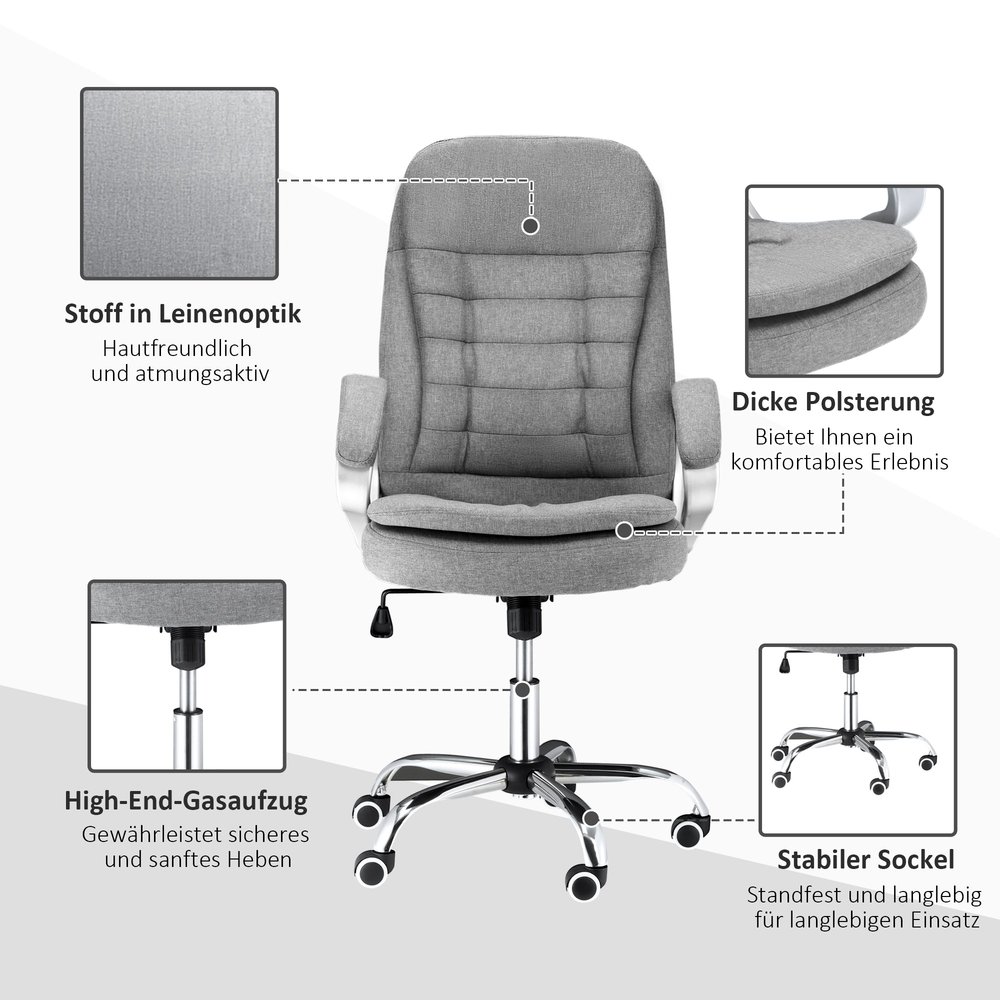 Vinsetto Bürostuhl Arbeitsstuhl Schreibtischstuhl Drehstuhl 360° Ergonomisch Wippfunktion Höhenverstellbar Grau Leinen 64 x 75 x 111-121 cm